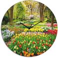 artland wandklok glazen klok rond tulpen tuin voorjaar multicolor