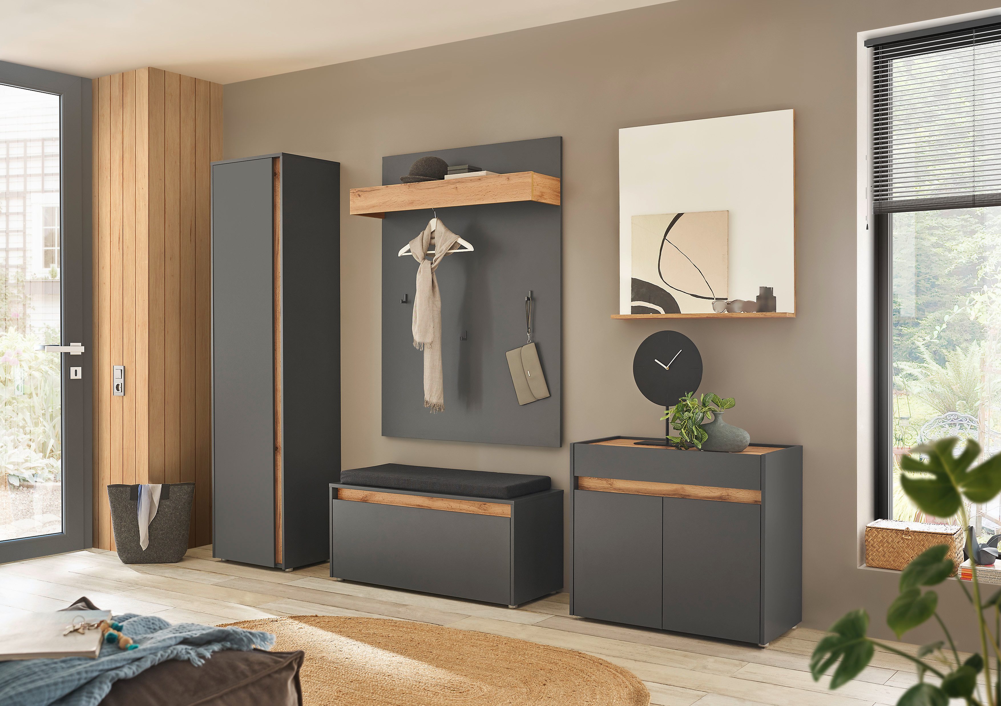 INOSIGN Halmeubelset GIRON/ CiTY, Garderobe in Wotan Eik, moderne garderobekast bevat kast, commode, spiegel, paneel & schoenenbank + zitkussen (complete set, 5-delig)