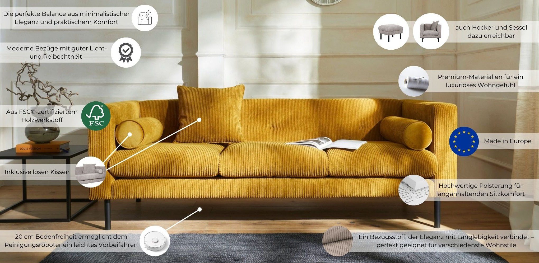 Guido Maria Kretschmer Home&Living 3-zitsbank Lillibeth designbank met golfondersteuning, afmetingen B/D/H: 218/74/83 cm Sierkussen als tweezijdig te gebruiken kussen, bekleding fluwelige look of cord