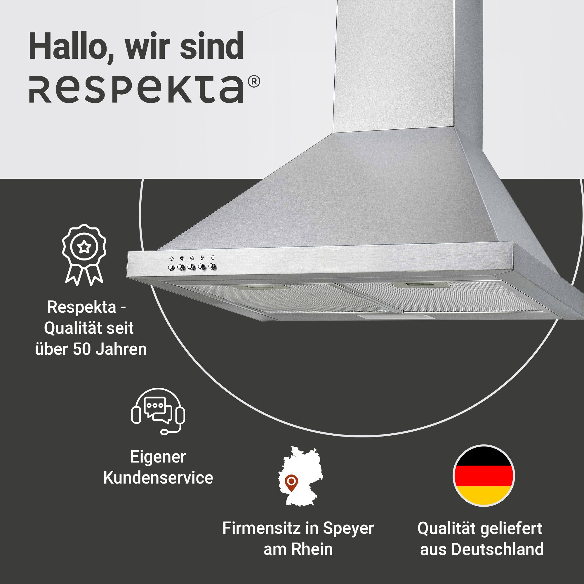 RESPEKTA Schouwkap CH 22078 IXB 60 cm, 3 vermogensniveaus, led-verlichting, geschikt voor afzuiging en recirculatie