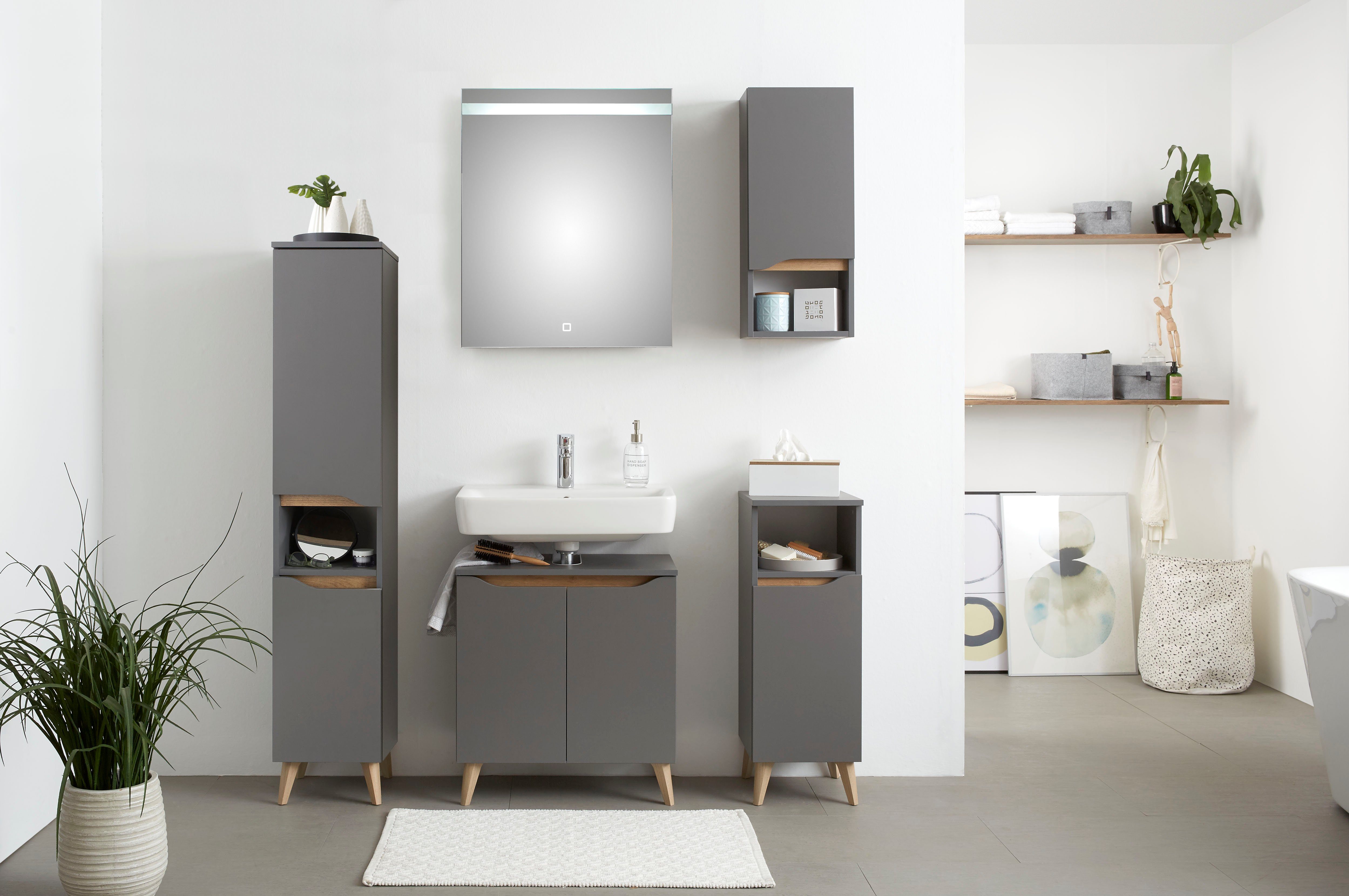 Saphir Badkamerserie Quickset 5-delig wastafelonderkast met led-spiegel Halfhoge kast, onderkast, hangend kastje, inclusief deurdemper, 6 deuren