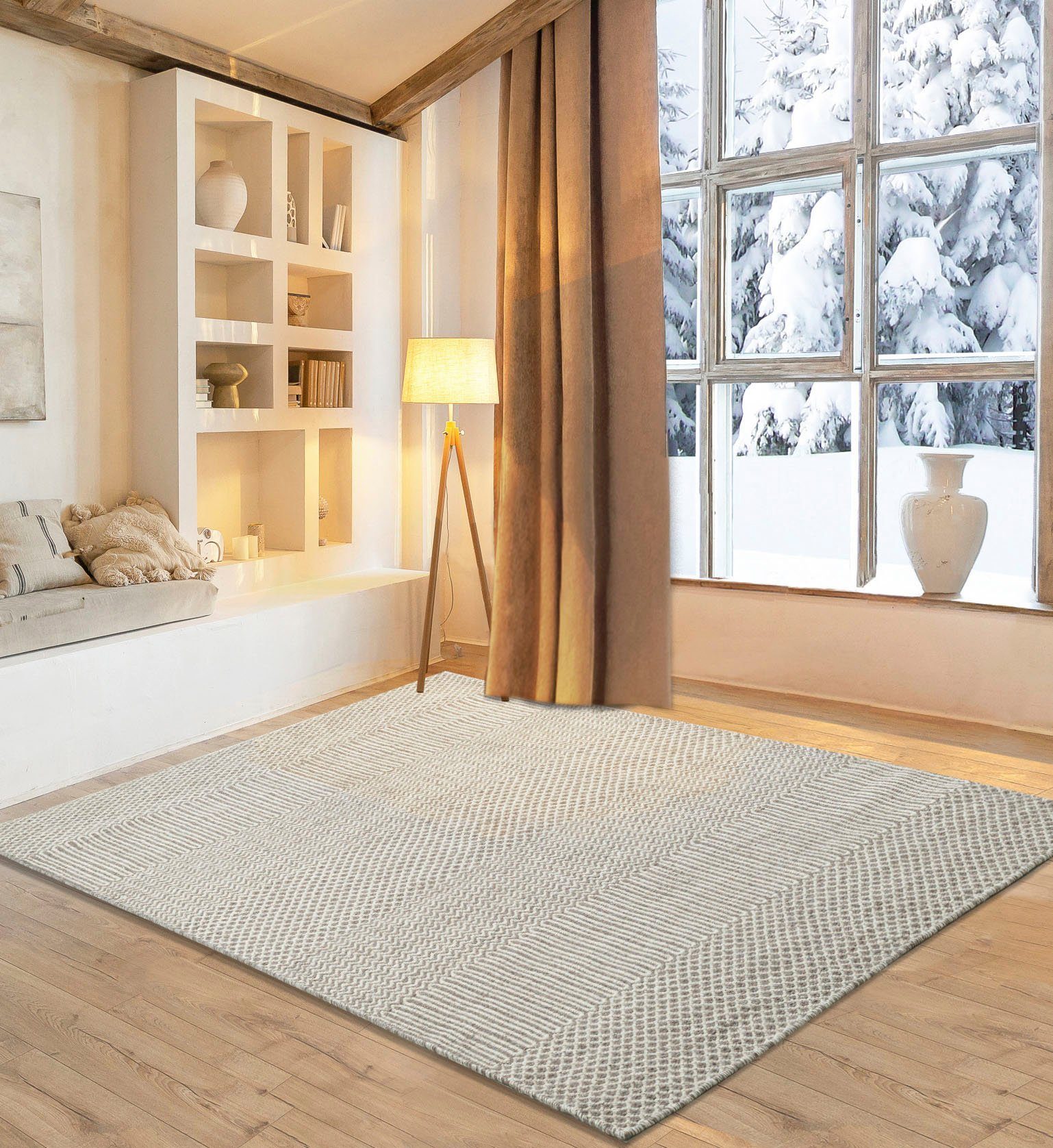 my home Wollen kleed Edling Handgeweven tapijt, 100% wol, modern design, scandi, woonkamer wollen vloerkleden maat 65 cm x 130 cm x 10 mm beige