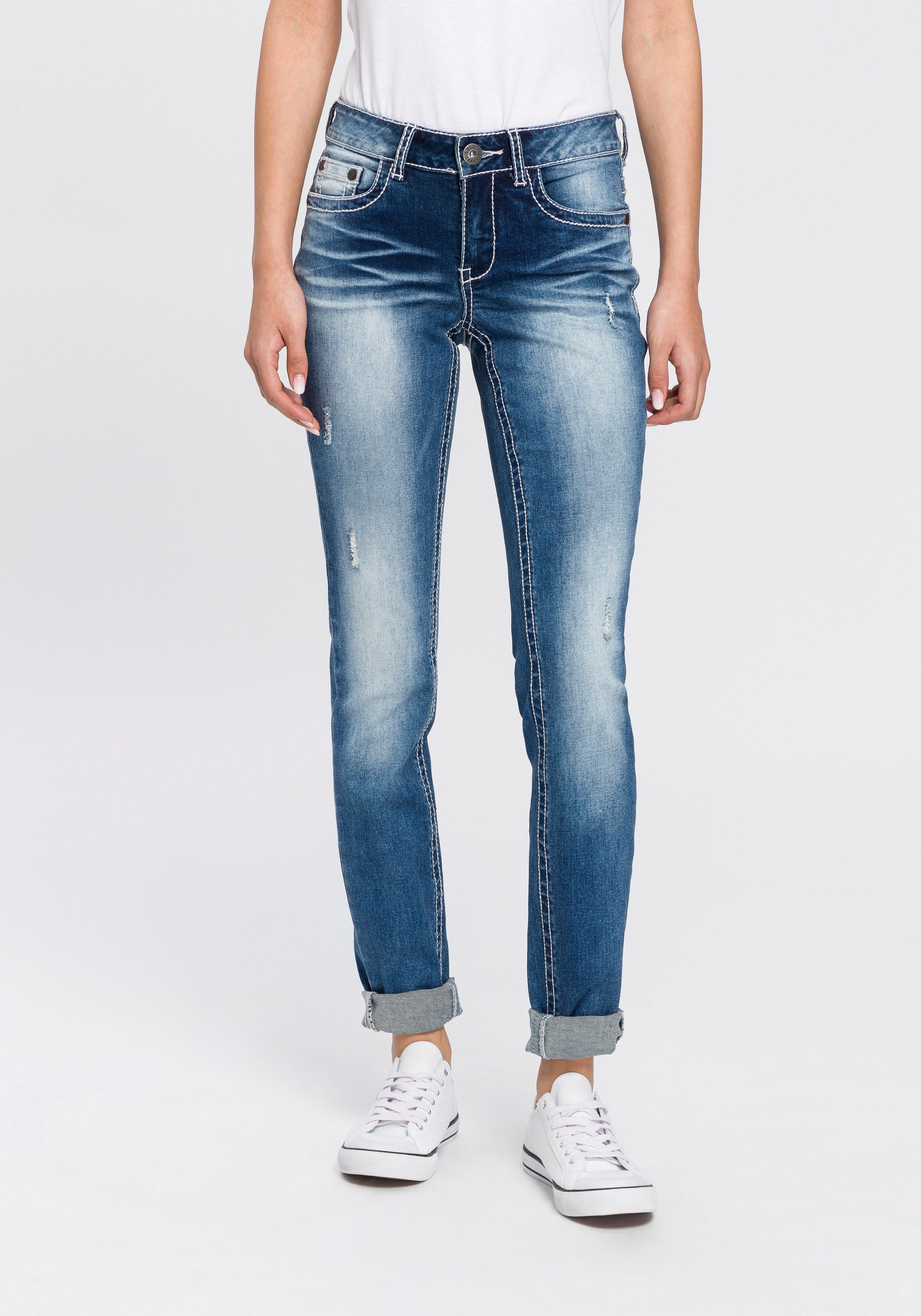 Arizona Skinny fit jeans Met contrastnaden en klepzakken lange broekpasvorm, met...