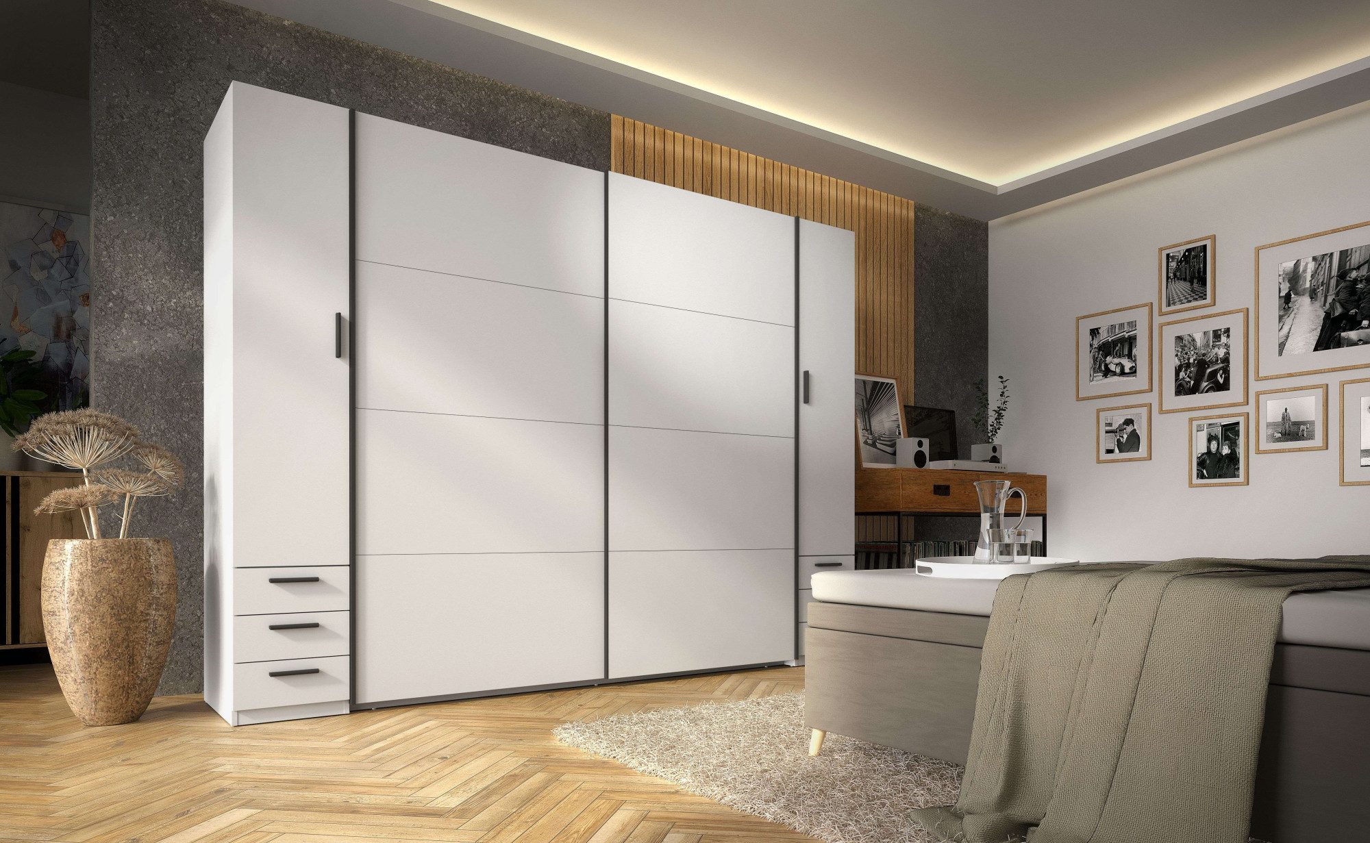INOSIGN Kledingkast Antioch met 10 planken en 2 kledingstangen, zwarte handgrepen Garderobe met 2 schuifdeuren en 2 draaideuren, B/H/D 270/207/61 cm