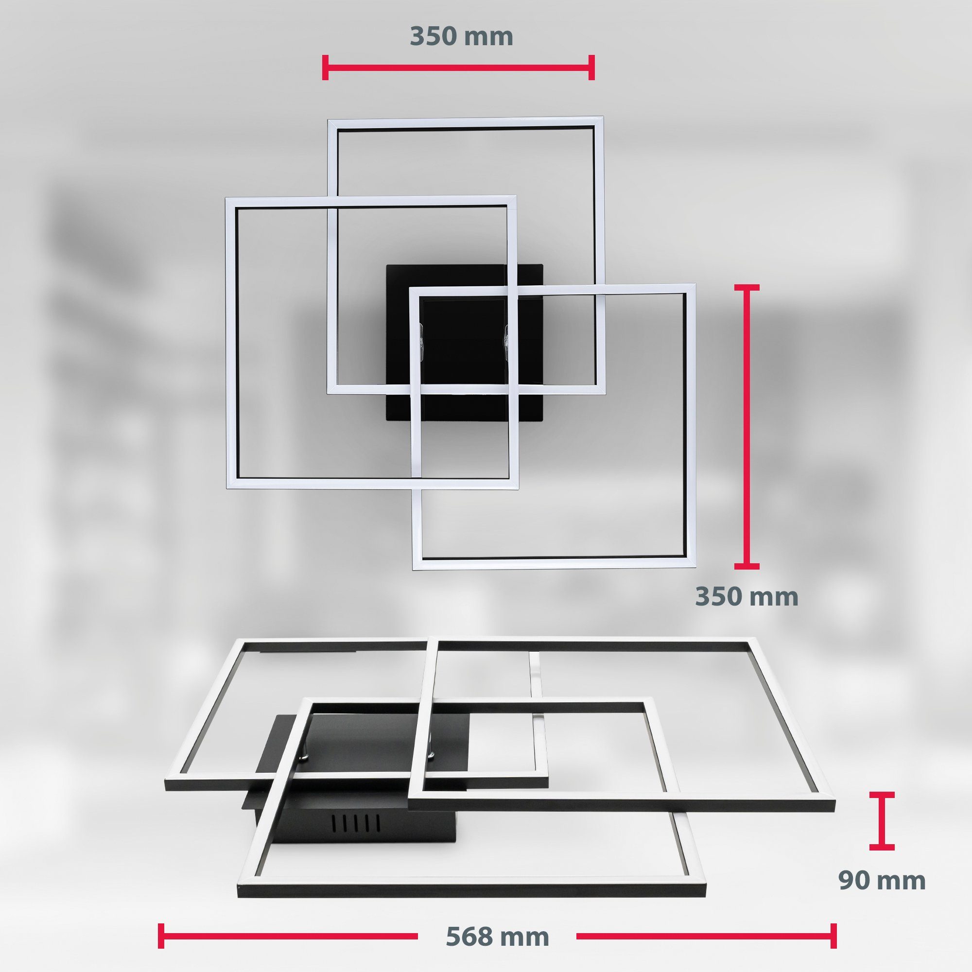 B.K.Licht Led-plafondlamp BK_FR1505 LED plafondlamp, frame, draaibaar, zwart 3-armig, 3000 k warmwit licht, 568x568x95 mm (lxbxh) (1 stuk)