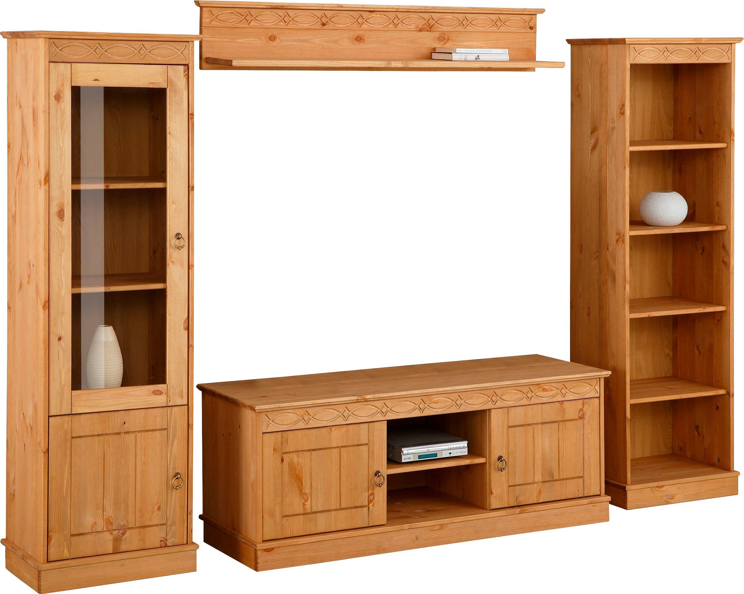 Home affaire Wandmeubel Indra 4-delig set: vitrinekast, lowboard, wand- & staande plank, massief dennenhout (set, 4-delig)
