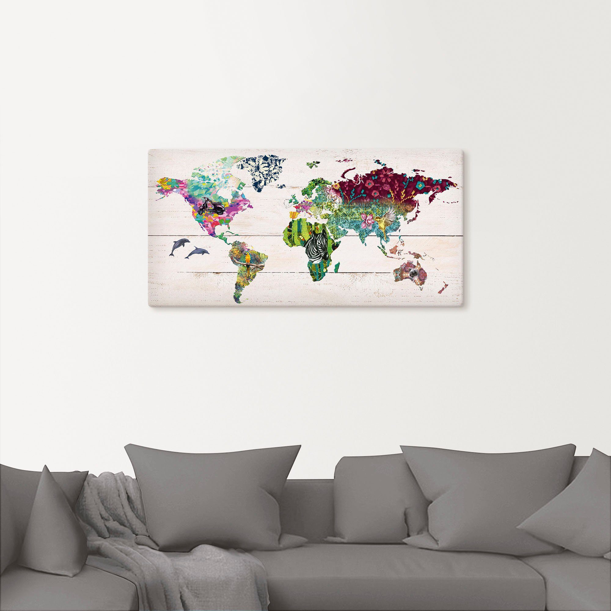 Artland Artprint Veelkleurige wereld op houten ondergrond als artprint op linnen, poster in verschillende formaten maten