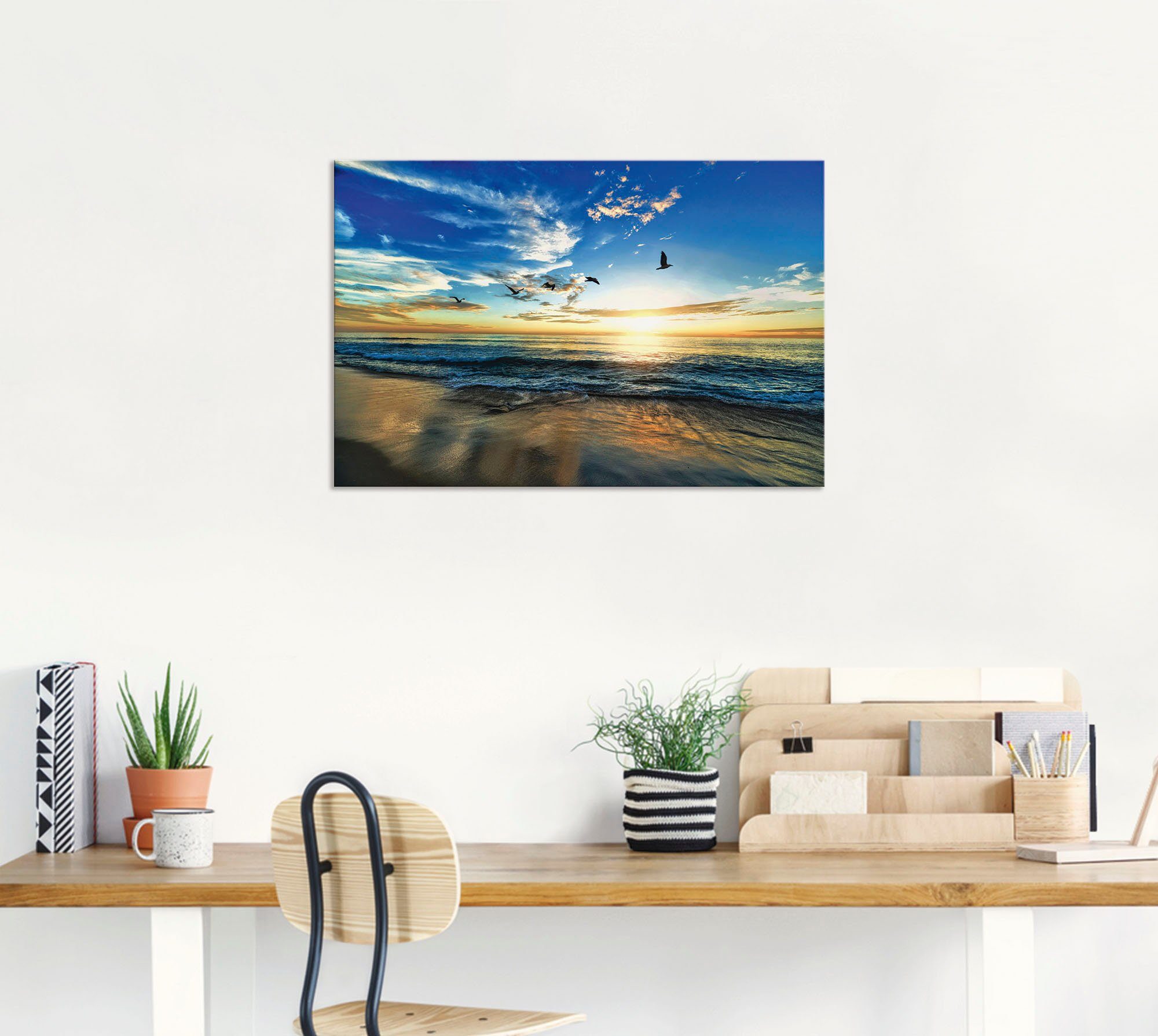 Artland Artprint Strand meeuwen zee zonsondergang als artprint van aluminium, artprint voor buiten, artprint op linnen, poster, muursticker