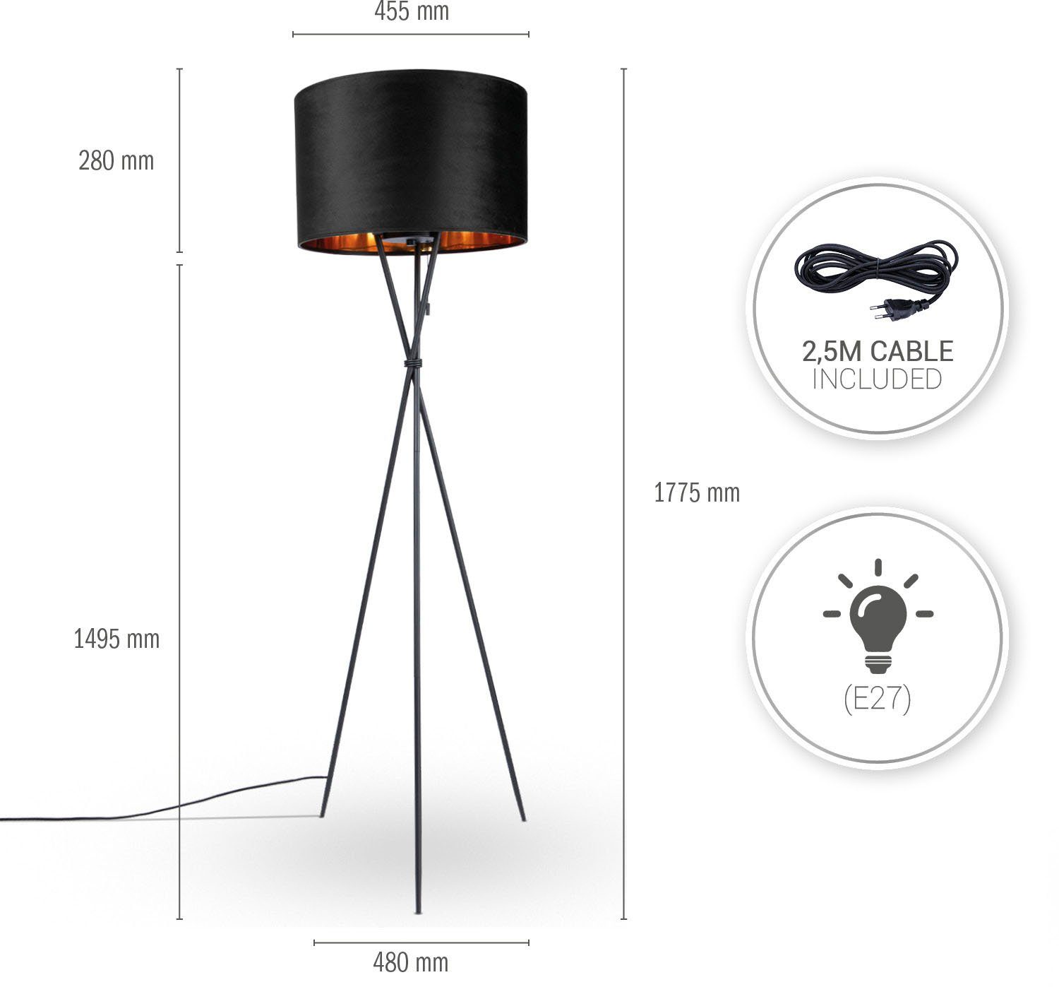 Paco Home Staande lamp Kate uni kleur Woonkamer driepoot vloerlamp velours hoogte 177,5cm filigraan E27