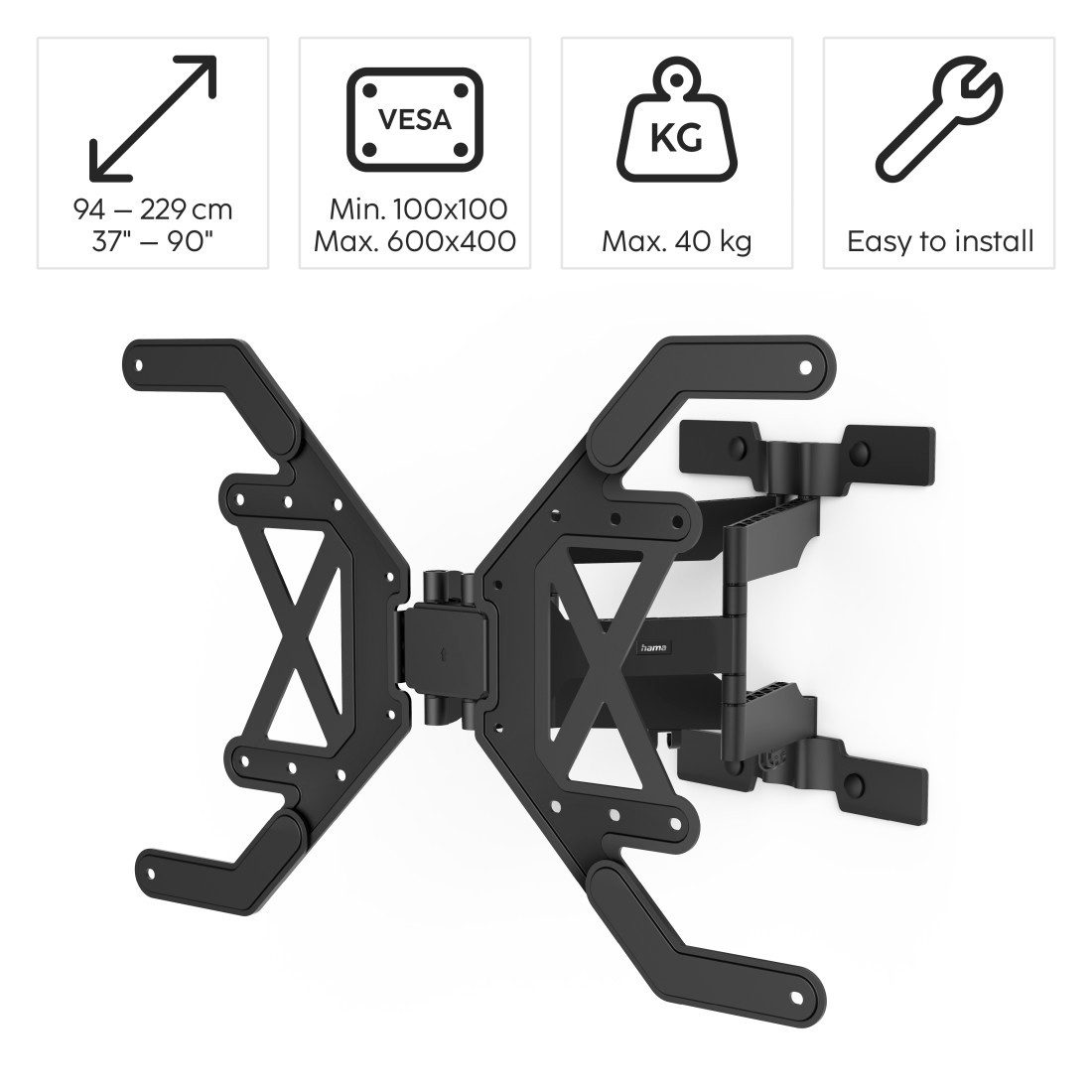 Hama Tv-wandhouder TV-beugel (draaibaar, uitschuifbaar, plat, 37“-90“, VESA 600x400)