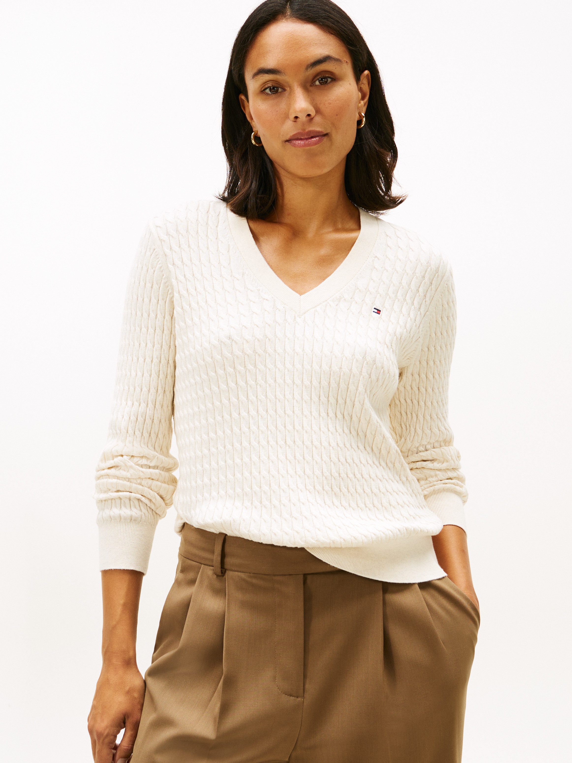 Tommy Hilfiger Trui met V-hals CO CABLE V-NK LS SWT met kabelpatroon, logo-borduursel