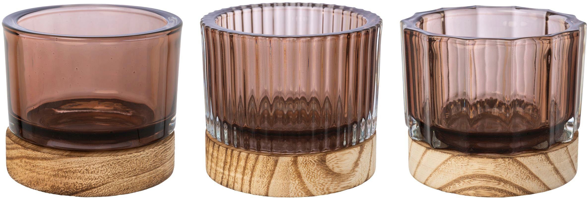 Creativ home Windlicht Kandelaar van glas, met houten voet Theelichthouder met 3 verschillende oppervlakstructuren (set, 3 stuks)