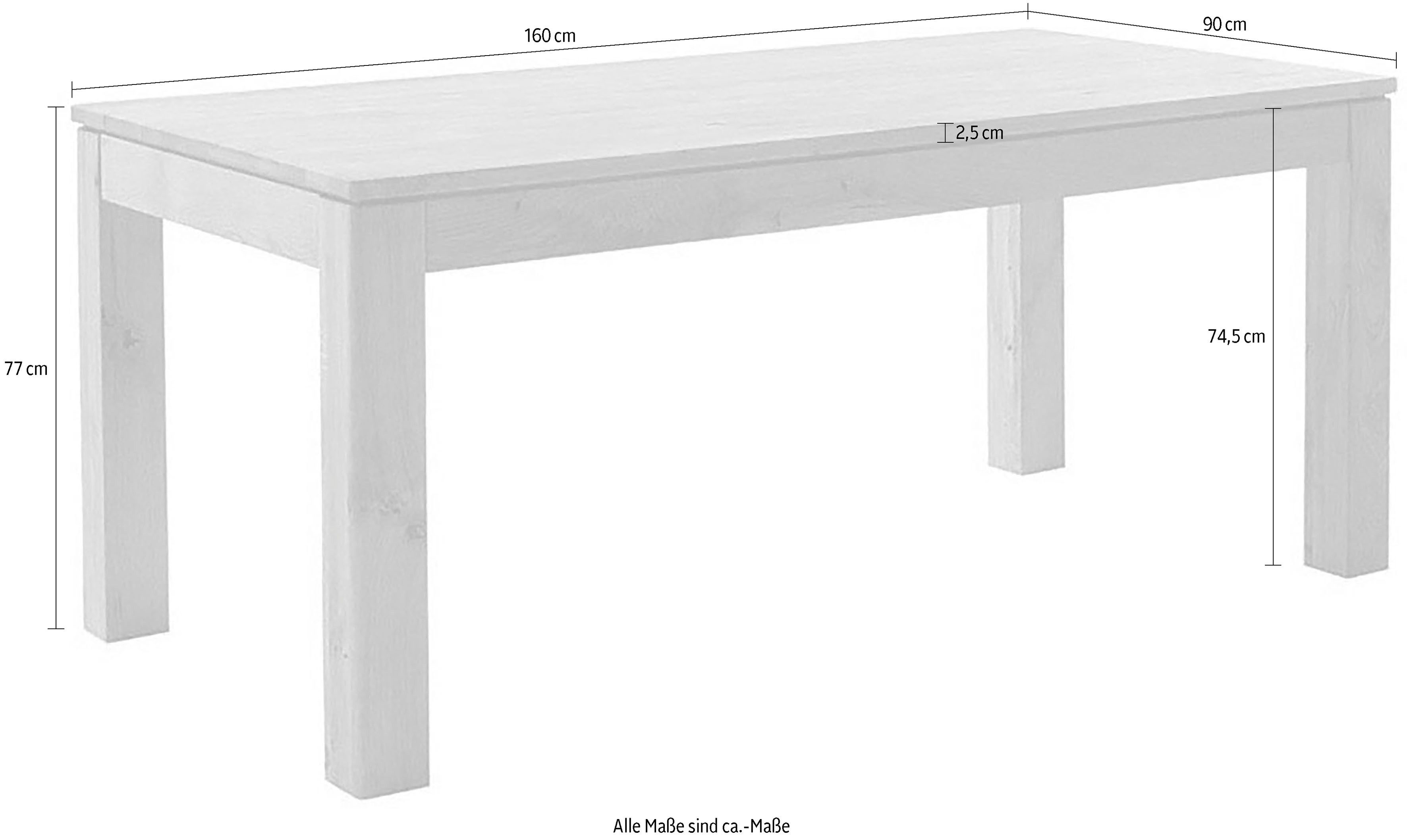 MCA furniture Eettafel ETNA 4-poot tafel Massief hout, doorlopende lamel, blokvoet 10x10 cm, tafelblad 2,5 cm