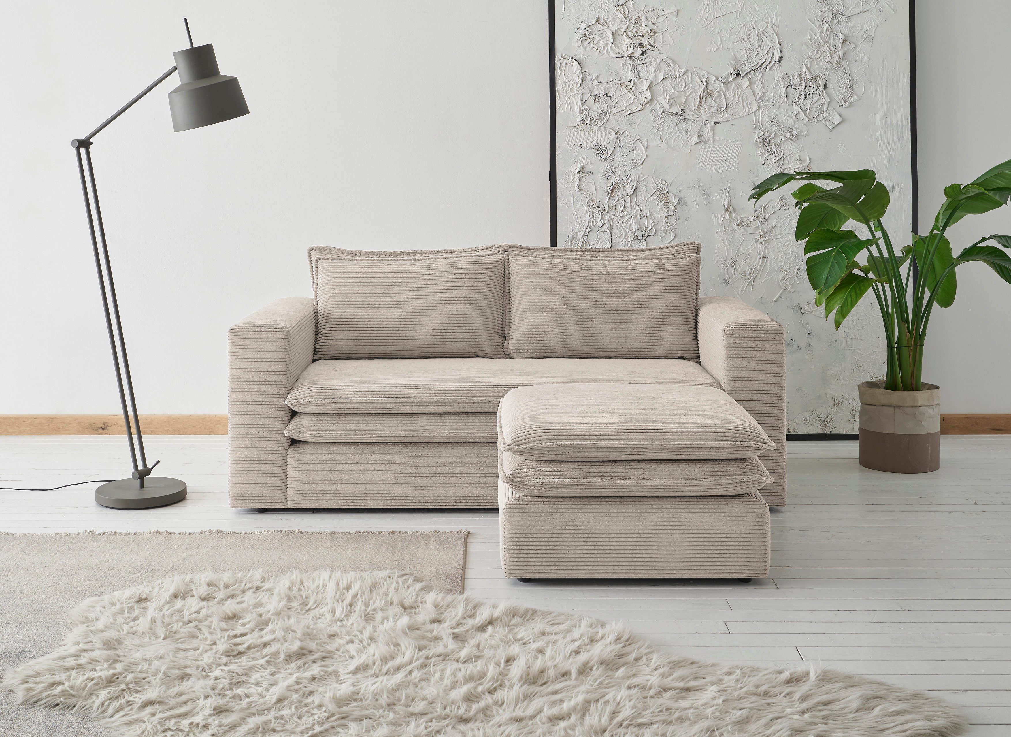 Places of Style Zithoek PIAGGE 2-zitsbank en hocker klein als set (2-delig) beige, zithoeken