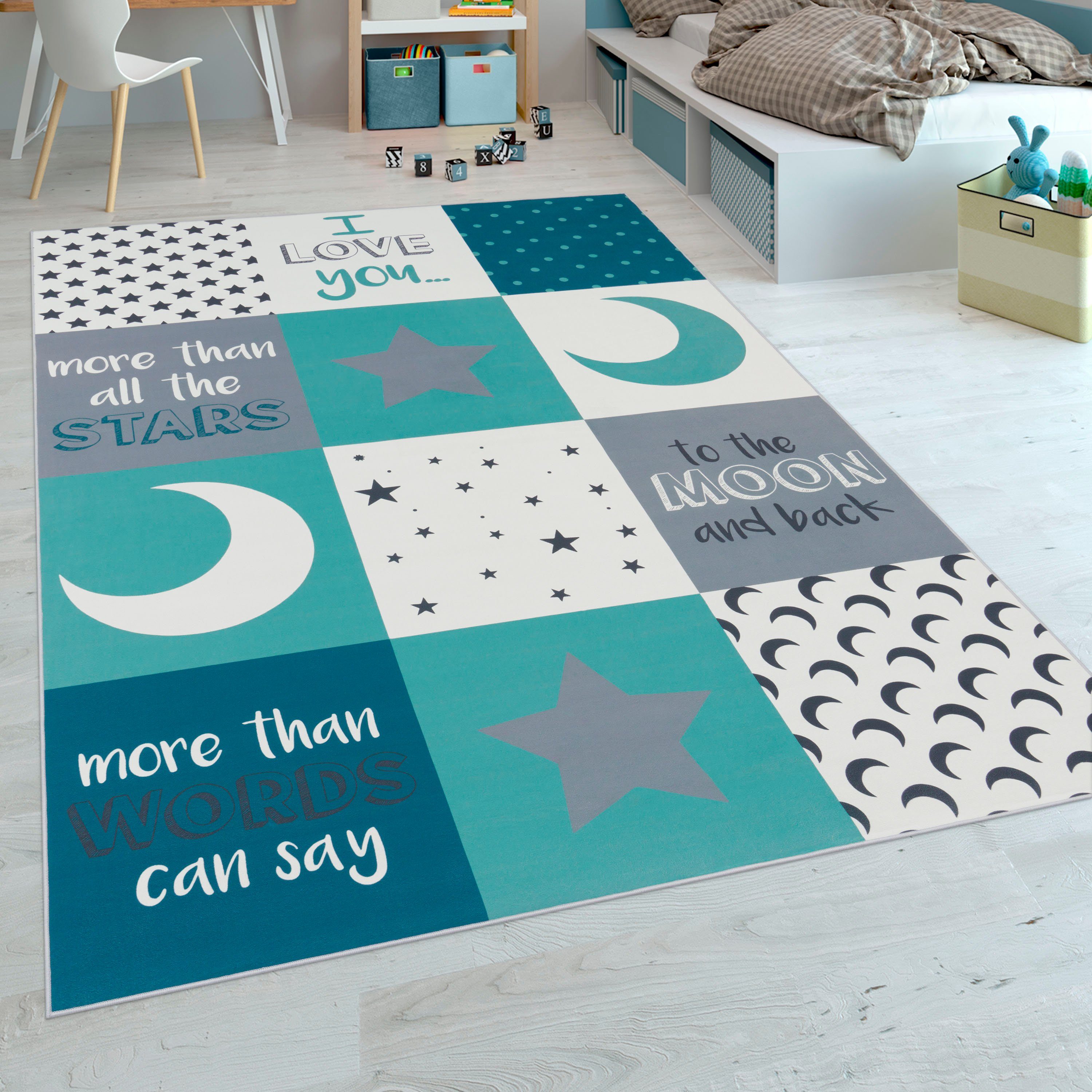 Paco Home Kindervloerkleed Aleyna 101 Korte pool, kinderdesign, motief maan & sterren, kinderkamer