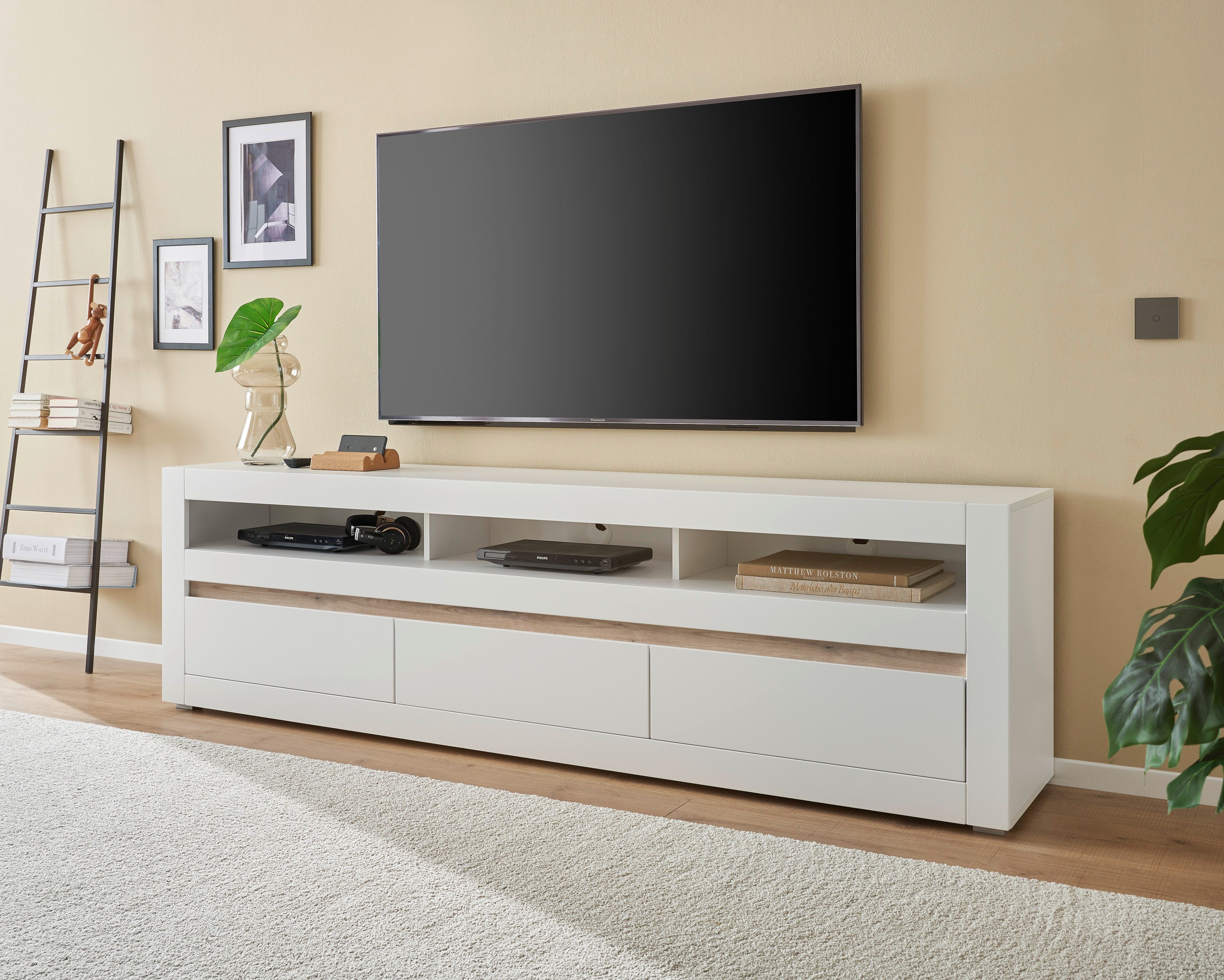 INOSIGN Tv-meubel Chester, moderne TV-kast, Ladekast met opbergruimte, Mat Wit vervangbare afdekking in grepline, tijdloos design, 217 cm breed (1 stuk)