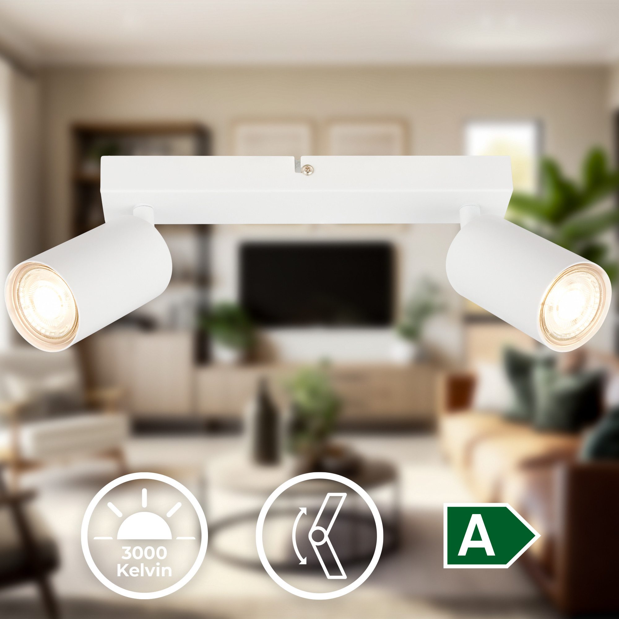 B.K.Licht Plafondspot BK_DS1630 EEK A LED plafondlamp, draaibaar, plafondspot Inclusief 2x GU10, 3000 K, 450Lm, 2W, 15,5 x 5,5 x 25,5 cm, wit (1 stuk)