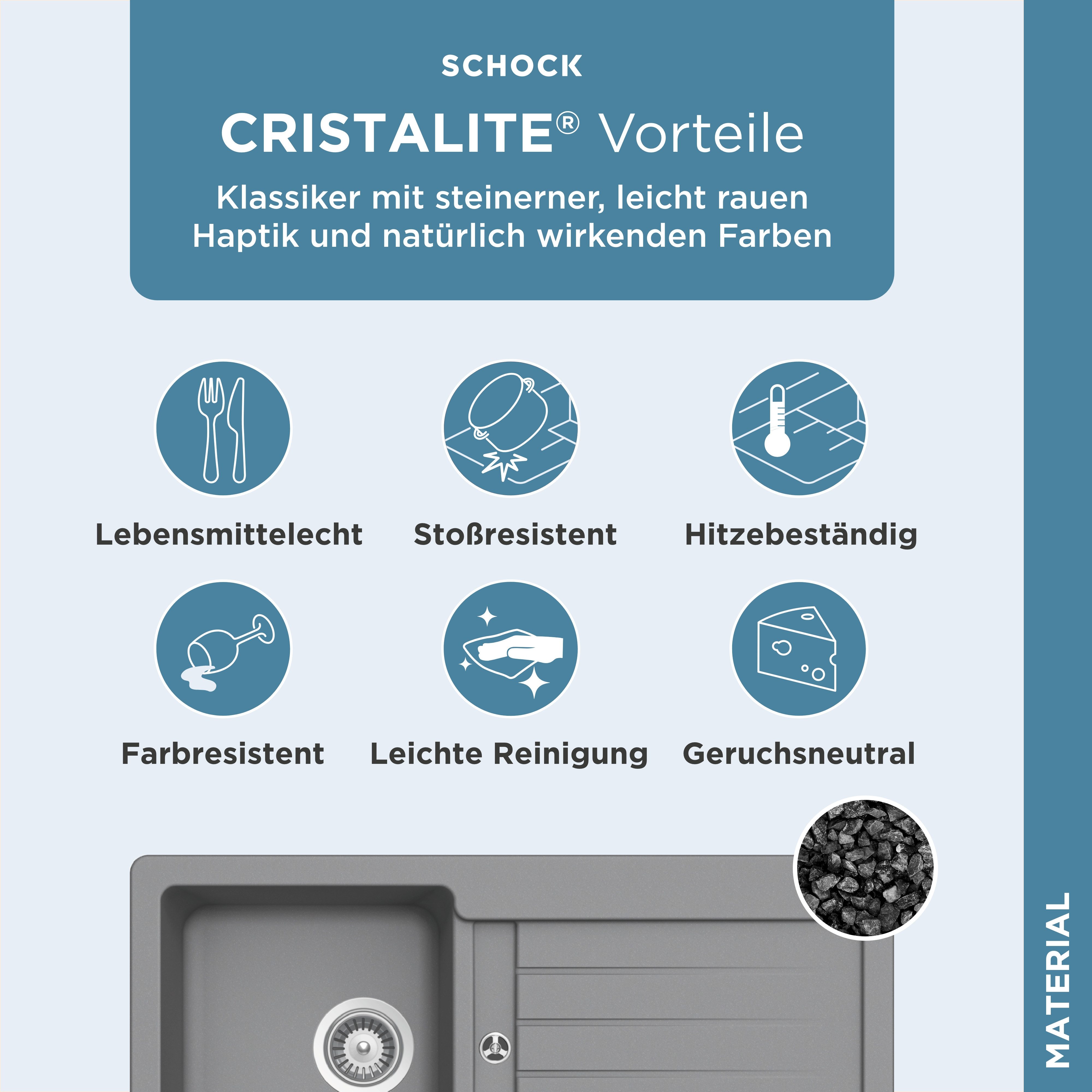 Schock Granieten spoelbak Typos D-100 S met afvoer en druppelzone, links en rechts in te bouwen