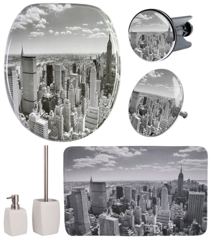 Sanilo Sets badkameraccessoires Skyline New York bestaand uit toiletzitting, badmat, wasbak- en afvoerstop voor de badkuip, zeepdispenser en toiletborstel (complete set, 6-delig)
