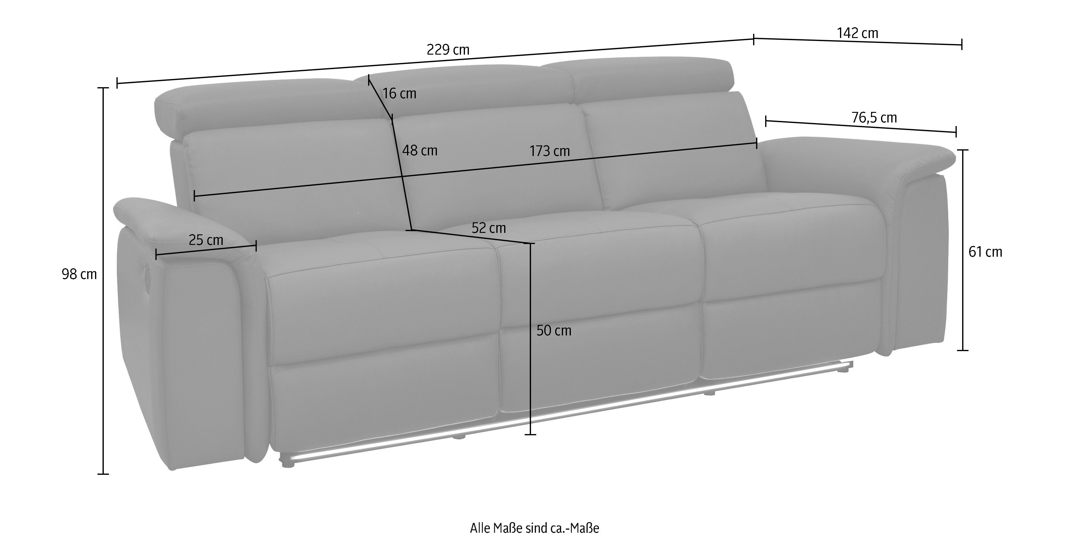 Places of Style 3-zitsbank Pareli 229 cm, handmatige en elektrische relaxfunctie in 2 zits USB, verstelbare hoofdsteun, LED-verlichting, in echt leer, kunstleer, geweven stof