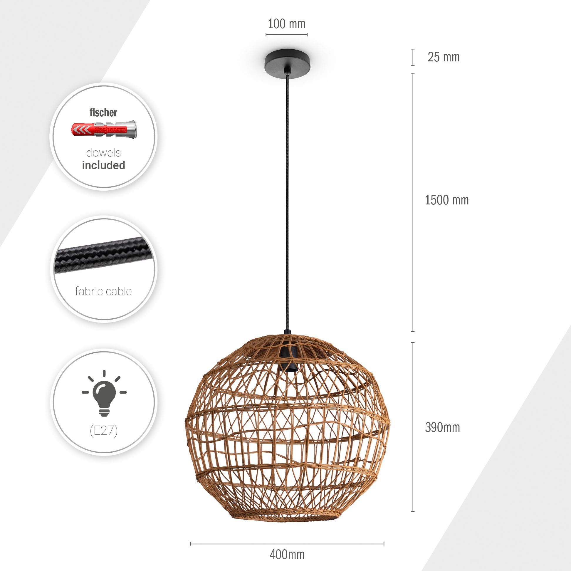 Paco Home Hanglamp Maite Rattan hanglamp mandlamp rond E27 Boho stijl modern woonkamer