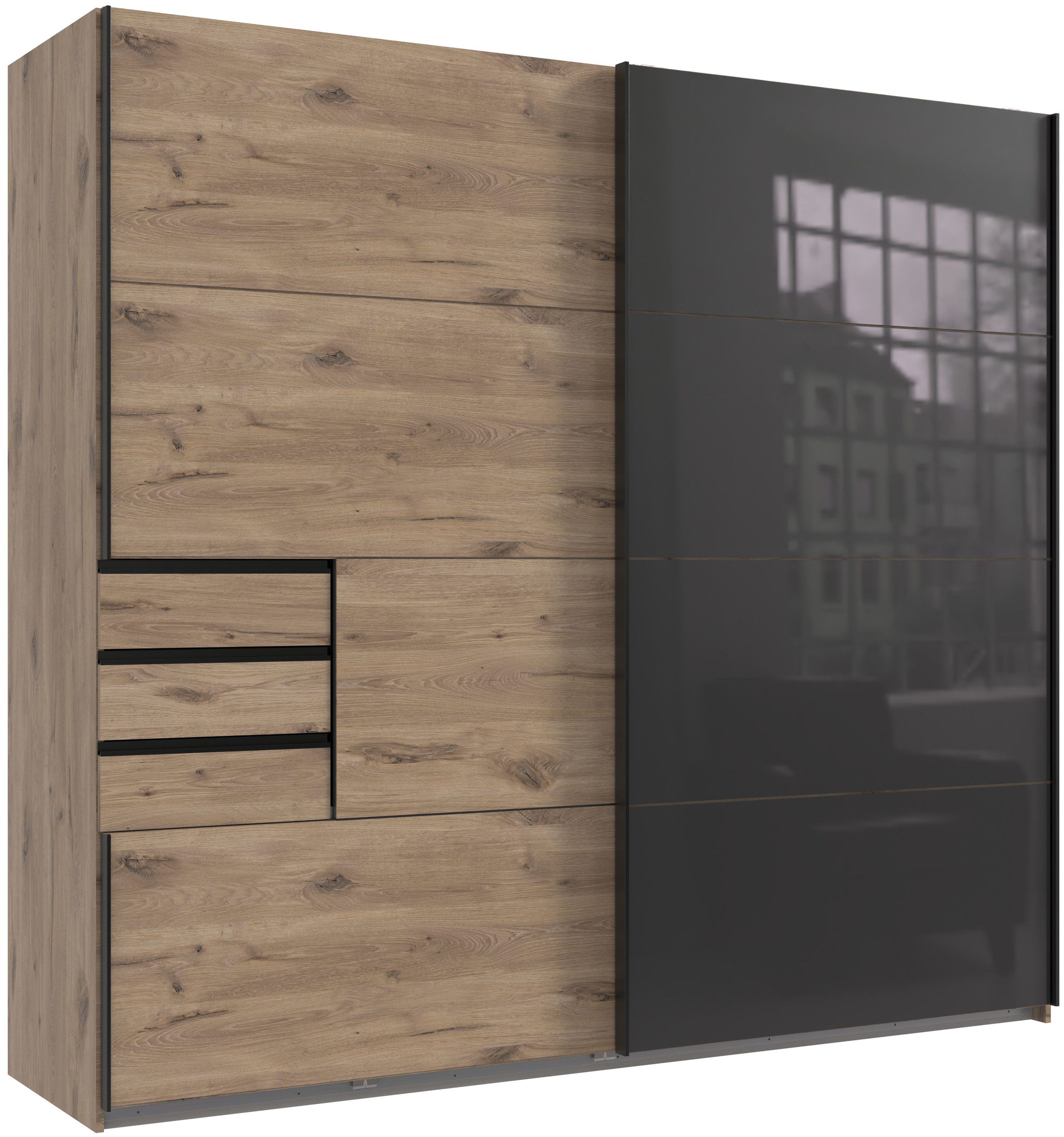 Wimex Schuifdeurkast Leonberg, kledingkast met 3 lades met grafietkleurig glazen front, 225 cm breed, 208 cm hoog zweefdeurkasten beige