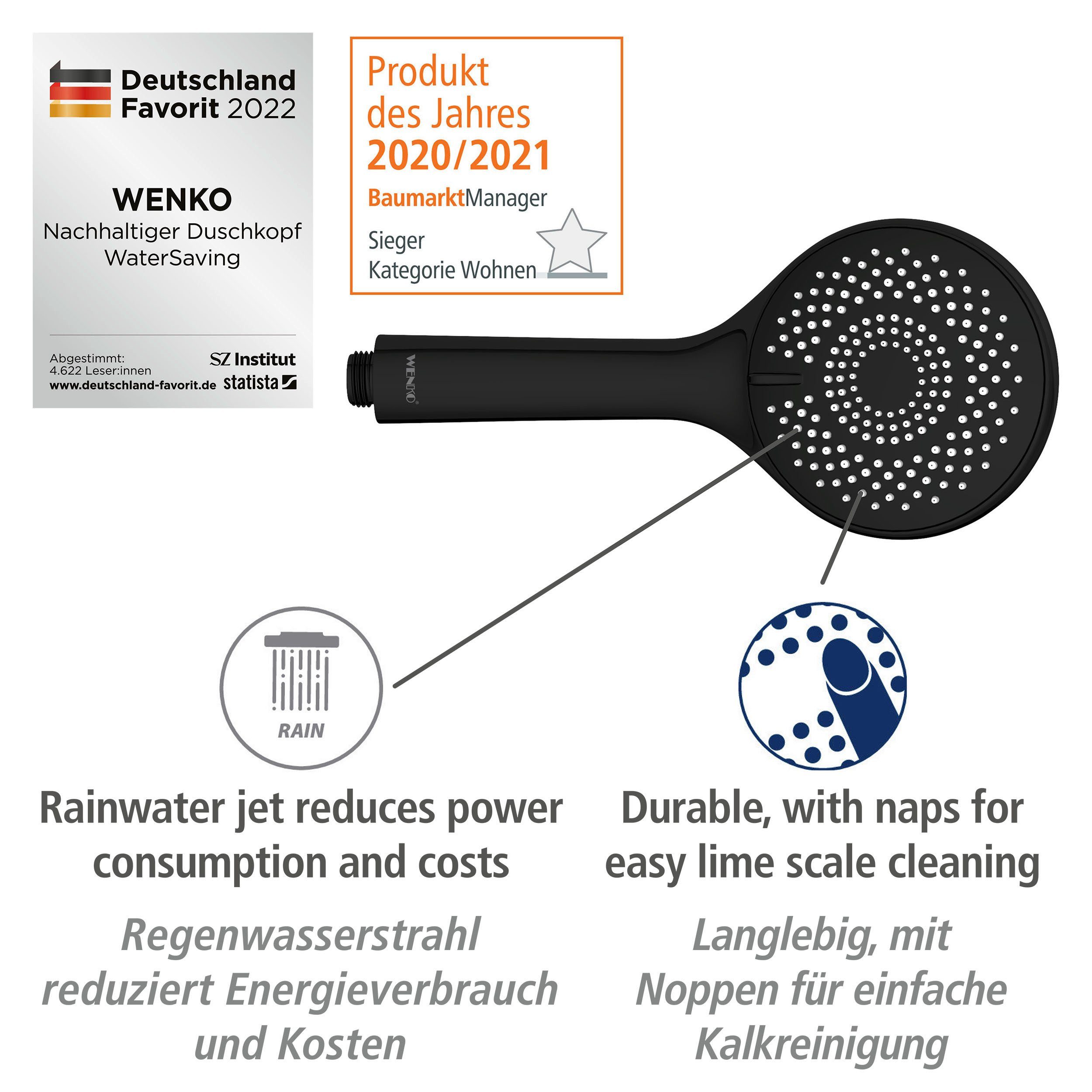 WENKO Douchestang-set Watersaving Zwart, lengte van de stang: 70 cm