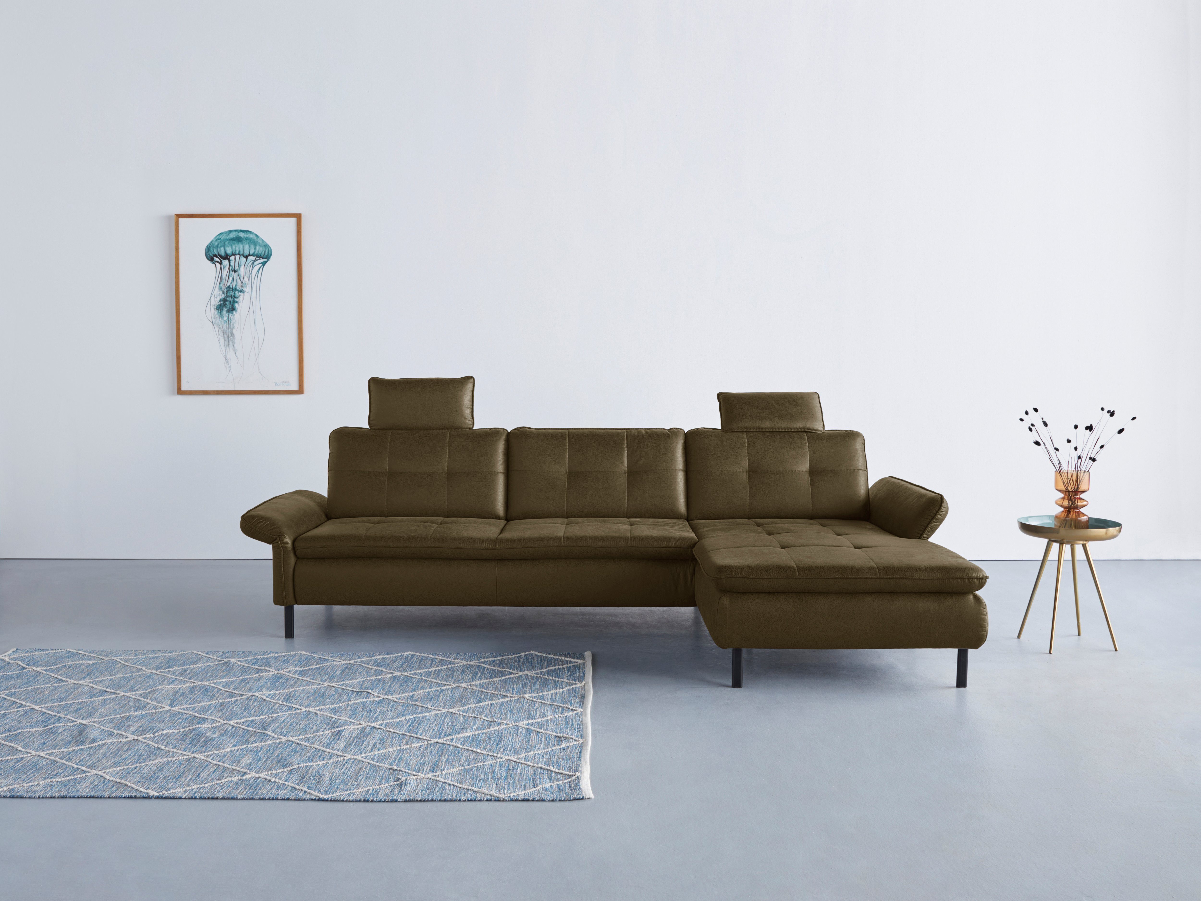 INOSIGN Hoekbank Birkholm L-vorm Verstelbare armleuningen, ook in Easy Clean bekleding - met water te reinigen groen, hoekbanken, Recamiere rechts