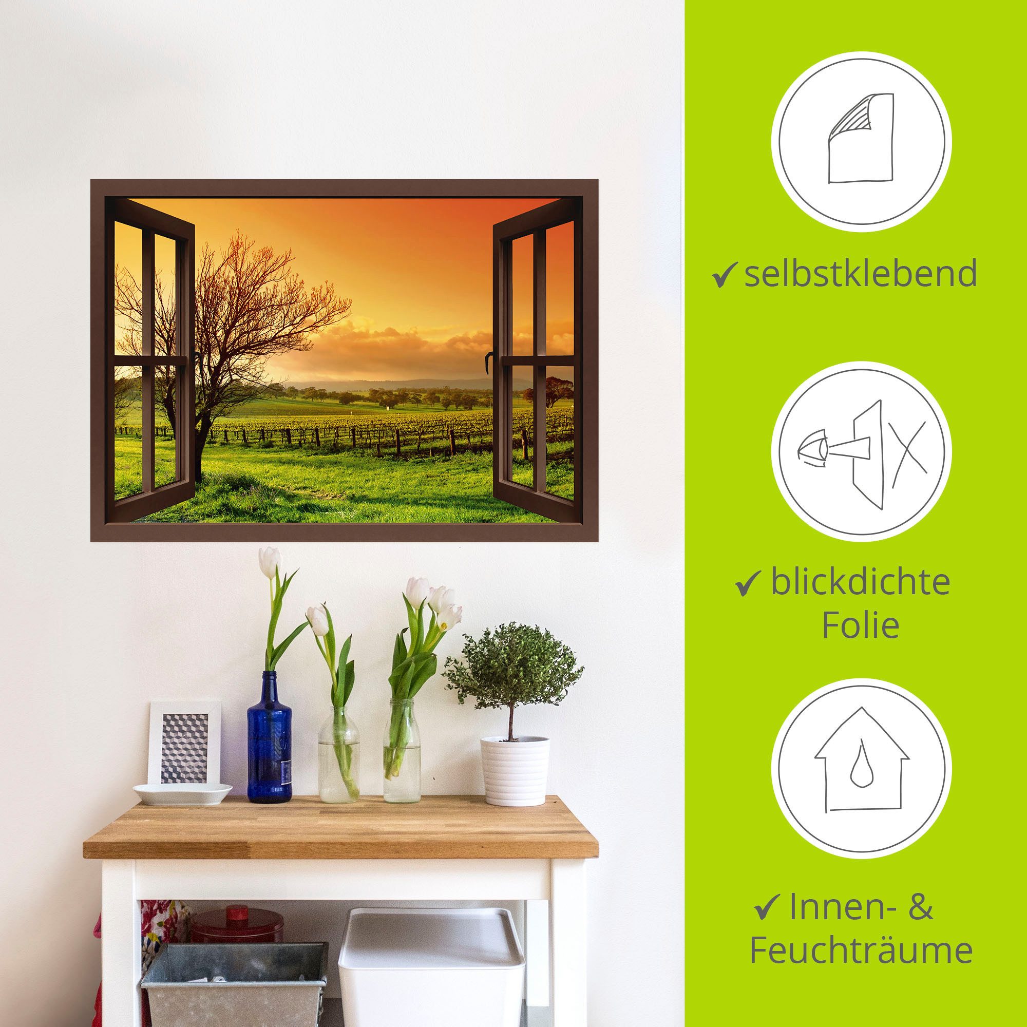 Artland Artprint Blik uit het venster - landschap met wijnbergen als artprint op linnen, muursticker in verschillende maten