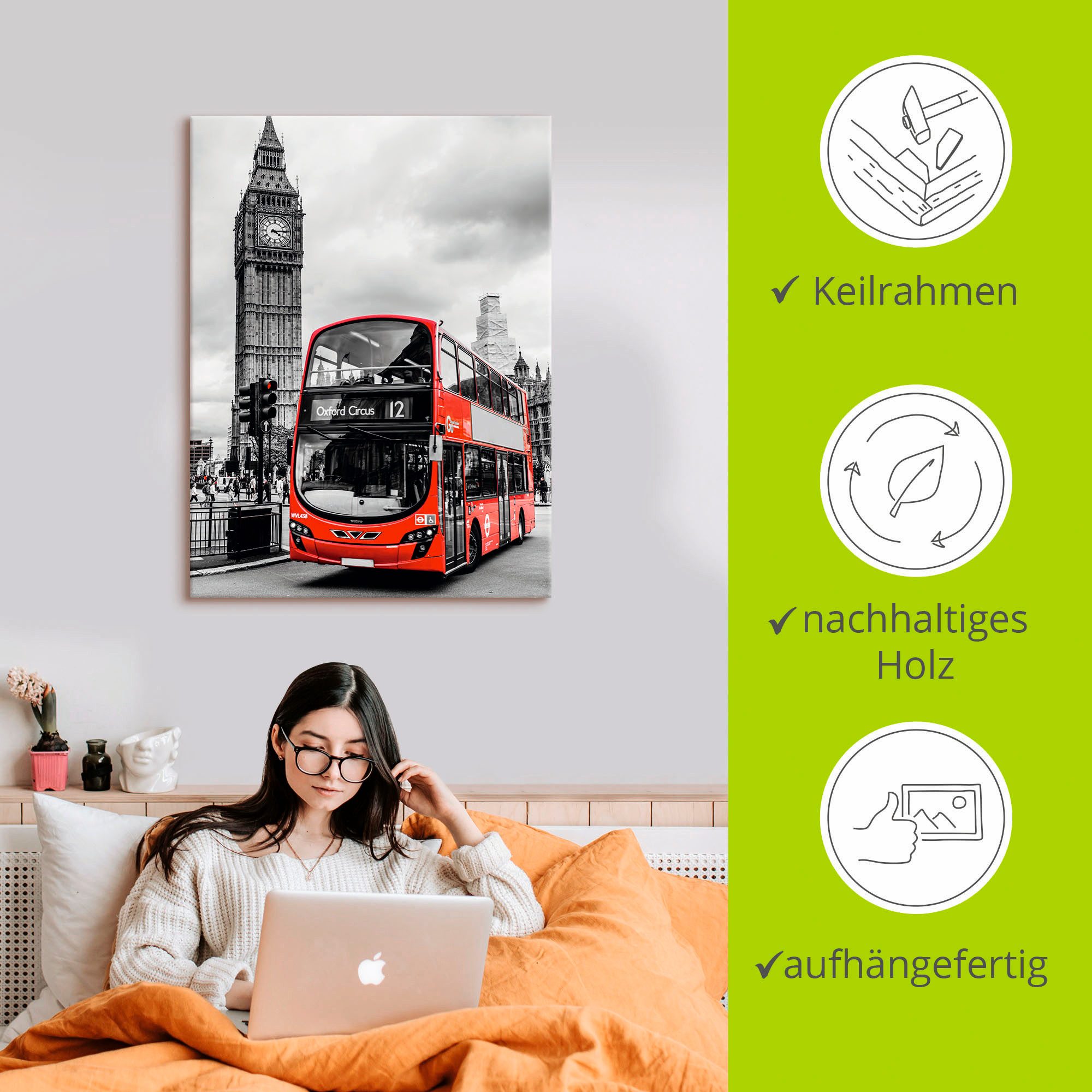 Artland Artprint Londen Bus en Big Ben als artprint op linnen, poster in verschillende formaten maten