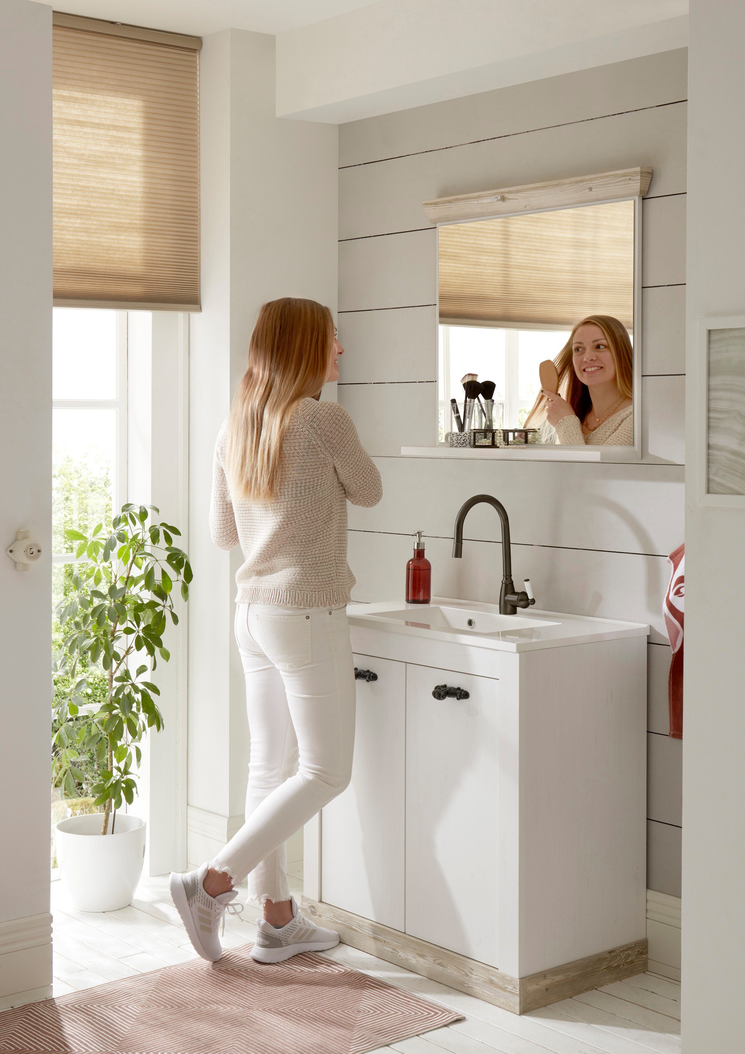 Home affaire Badspiegel Florenz, spiegel in landhuisstijl in pinie wit, met opbergruimte, breedte 80 cm