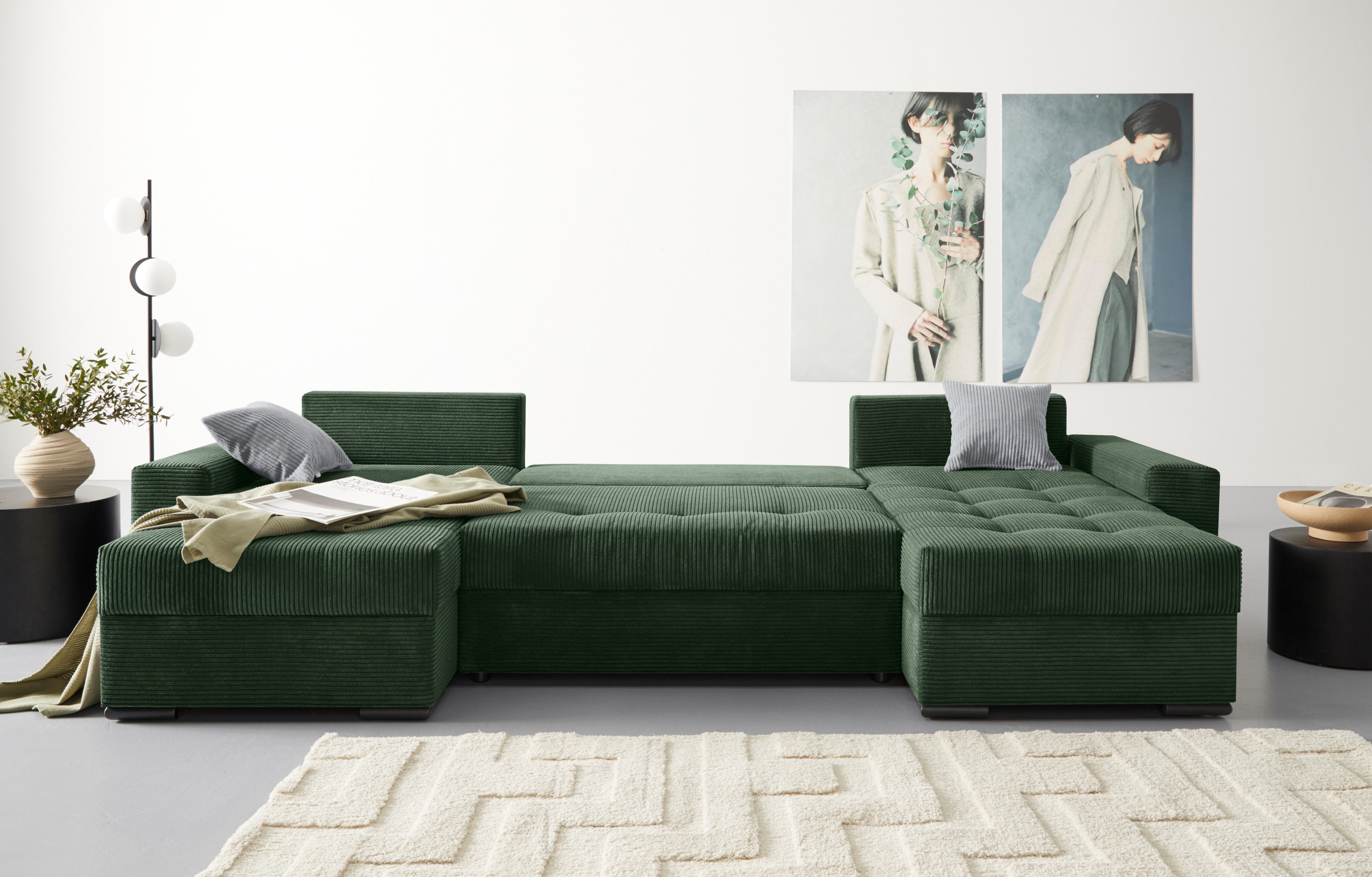 COLLECTION AB Zithoek XL-Josy U-vorm, breedte 313 cm, cord-/mix incl. bedfunctie, bedlade, met 4 gelijk grote rugkussens