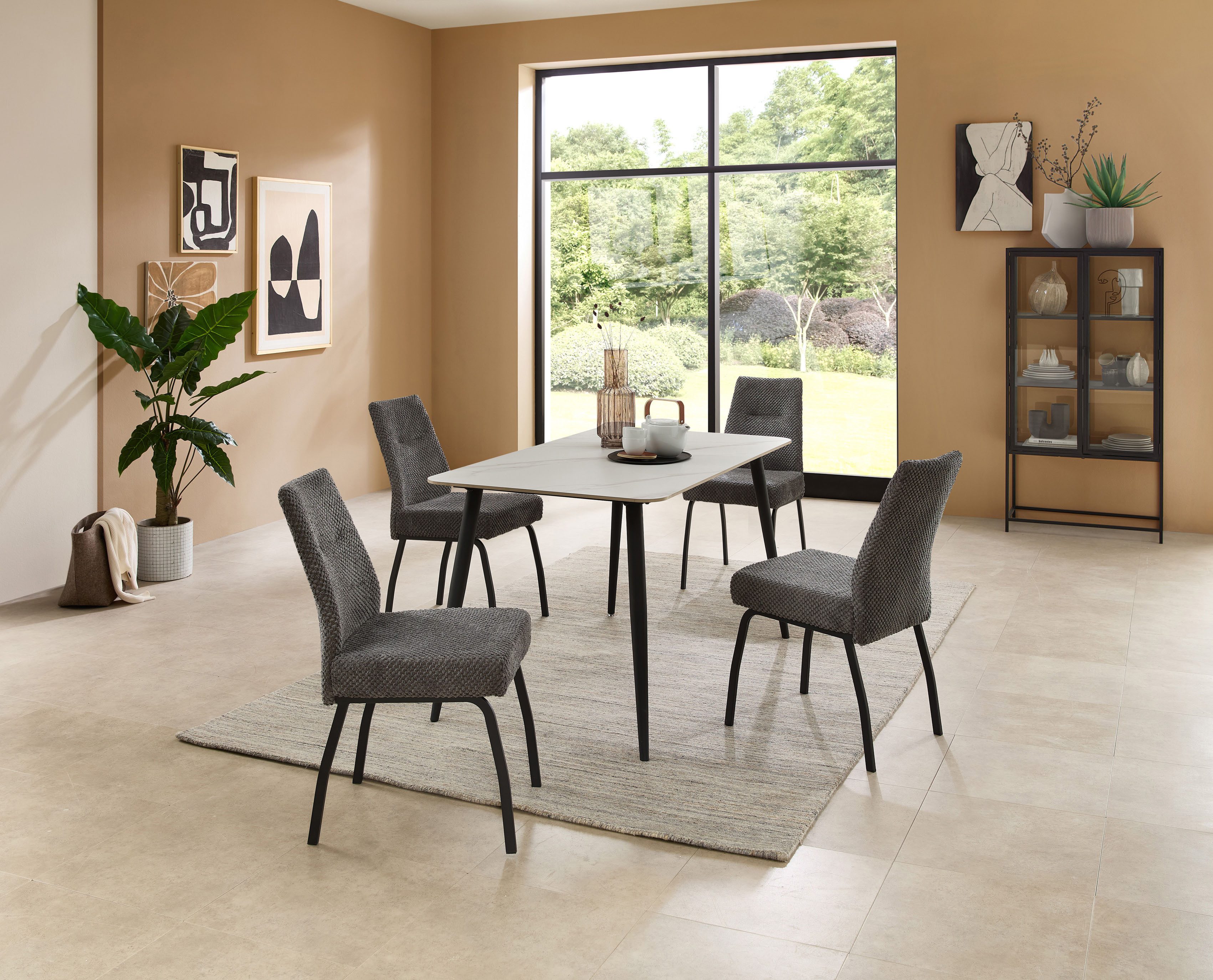 Stolkom Eettafel Cody eettafel keramiek, wit gemarmerd, BxHxD 140x76x80 cm Keramische oppervlakte wit gemarmerd, 4-poots frame mat zwart