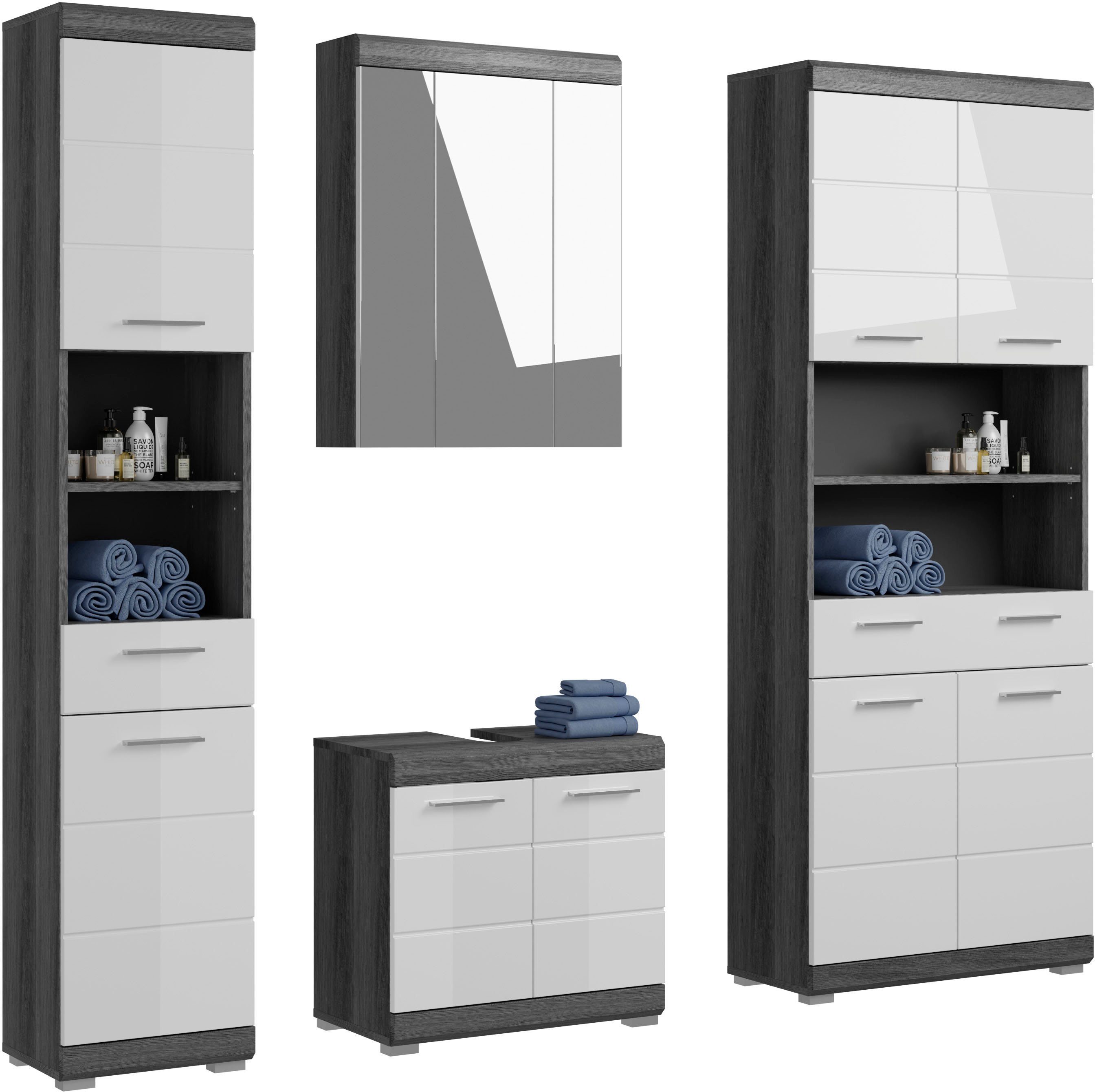 INOSIGN Badkamerserie Siena, 4-delig, bestaande uit: Smalle hoge kast, WBU, spiegelkast, brede hoge kast (set, 4-delig) badmeubelsets grijs