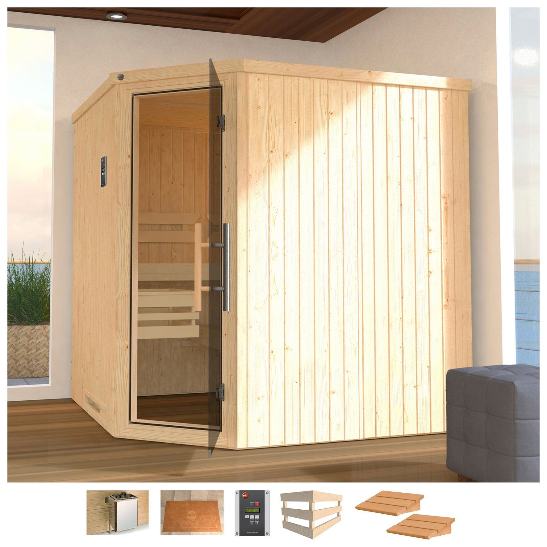 weka Sauna Varberg 3 7,5 kw kachel met externe bediening sauna's beige