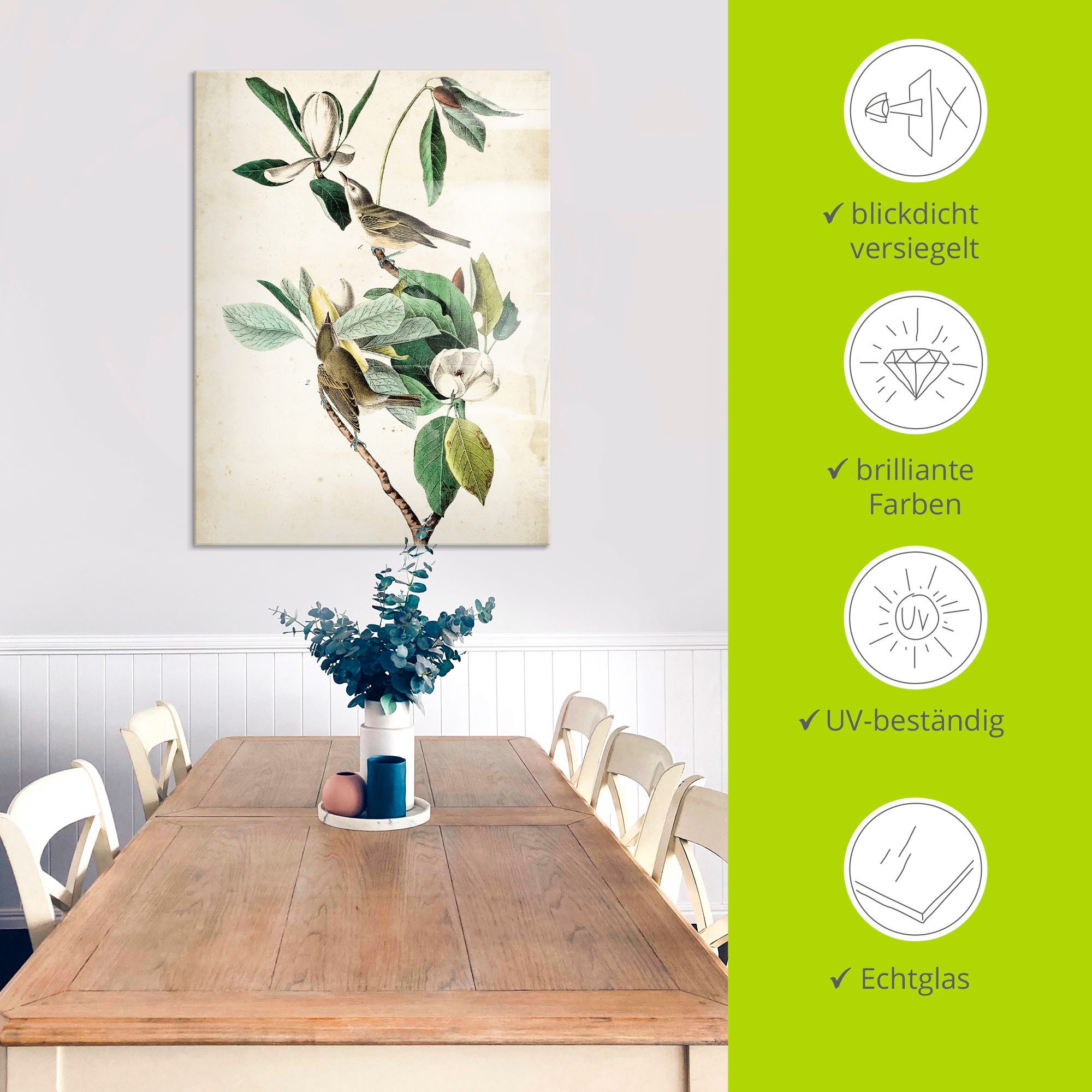Artland Print op glas Sängervireo in verschillende maten