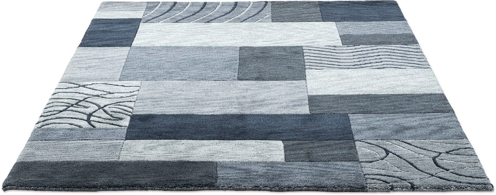 THEKO Wollen kleed Royal Domas 4028 Korte pool, zuivere wol, handgetuft, modern patchworkdesign wollen vloerkleden maat 60 cm x 90 cm x 14 mm grijs