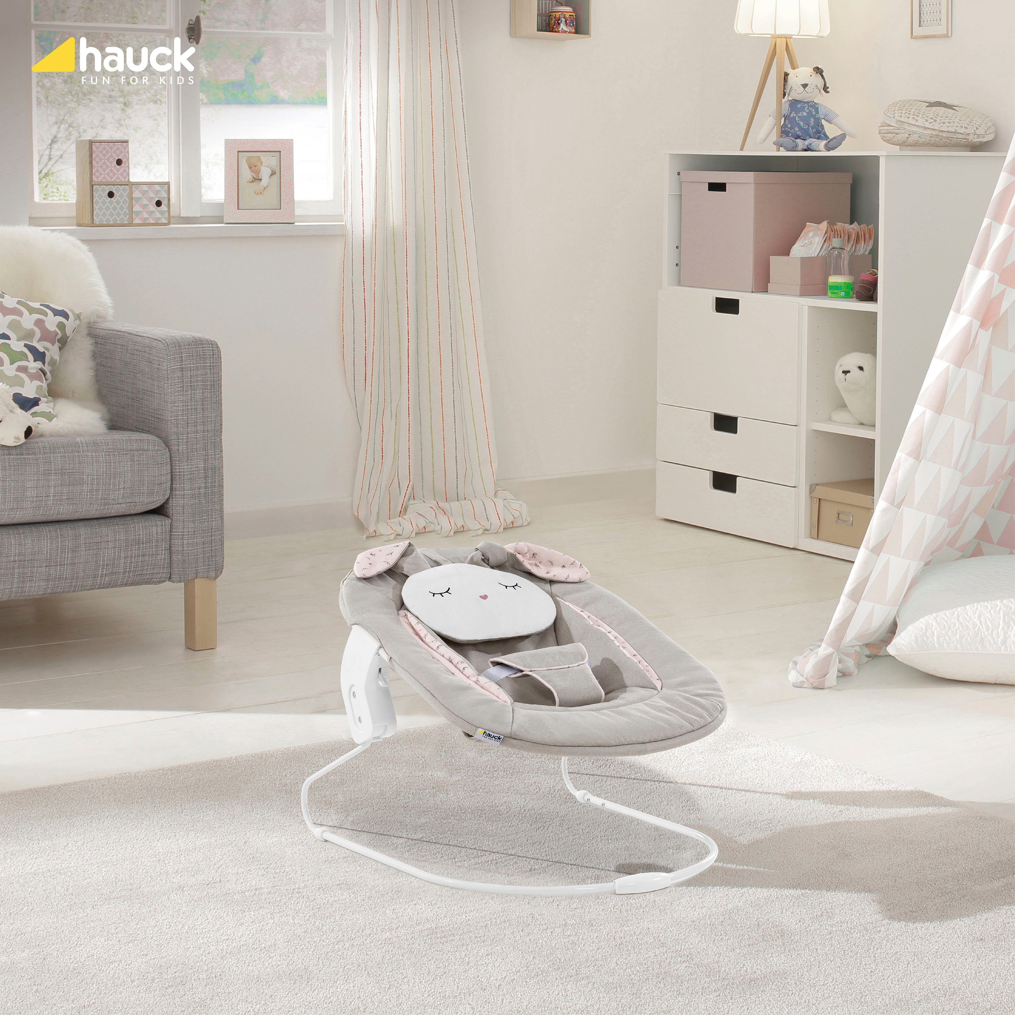 Hauck Opzet voor de kinderstoel Alpha Bouncer 2in1 Wippenopzetstuk, Poeder Konijn beige Bloem met wipframe, voor pasgeborenen, passend voor alpha+ houten kinderstoel