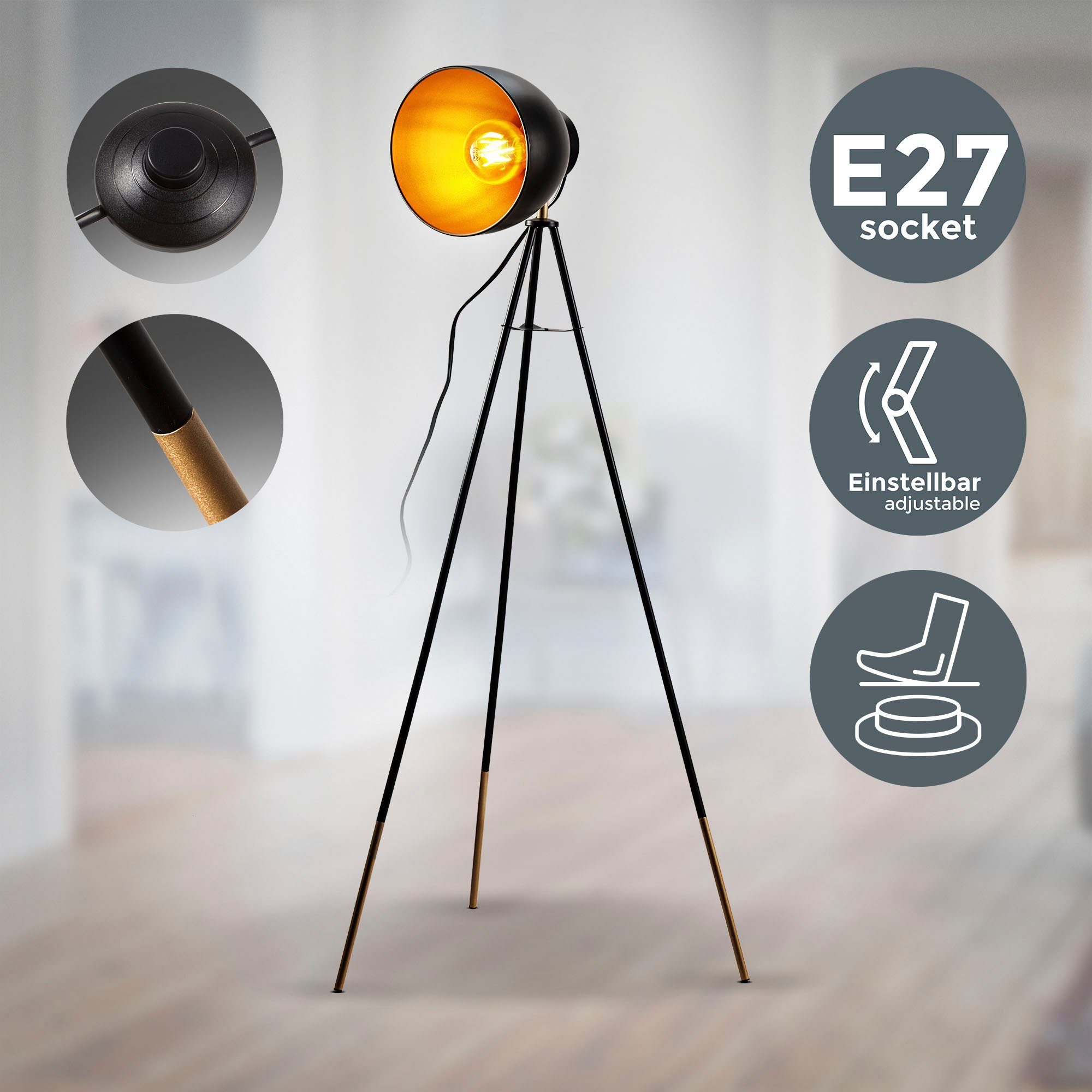 B.K.Licht Staande lamp BK_ST1233 Vloerlamp, vintage, zwart-goud, metaal, draaibaar E27-fitting, zonder lichtbron (max. 40W), met kabelschakelaar, Ø 59 cm (1 stuk)