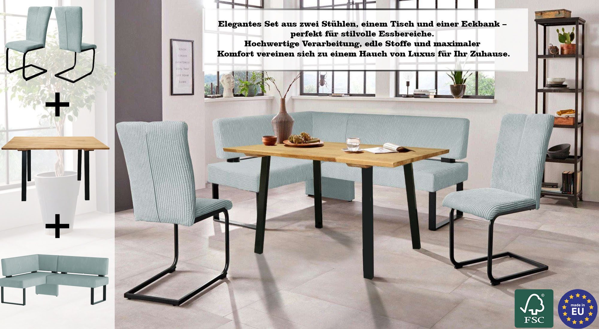 Home affaire Eethoek Oliver Hoekbank met golfvering in de zitting, tafel massief eiken (set, 4-delig)