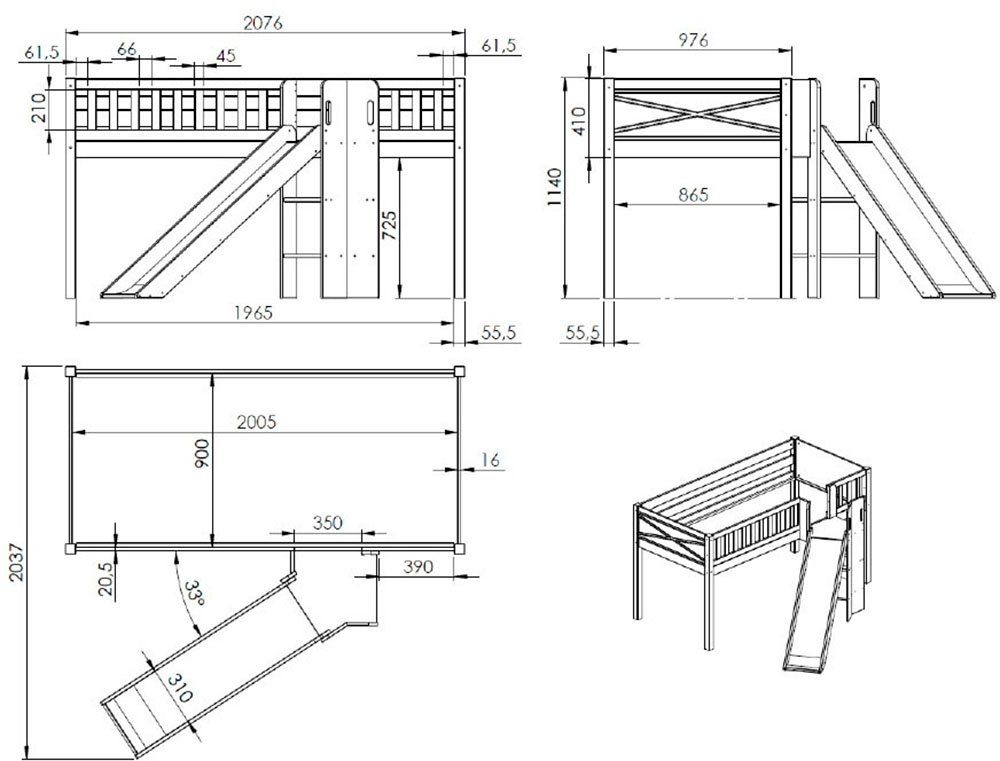 Vipack Hoogslaper Scott m. glijbaan/ladder toren, ligoppervlak 90 x 200 cm, doek, opbergvak, 4 designs