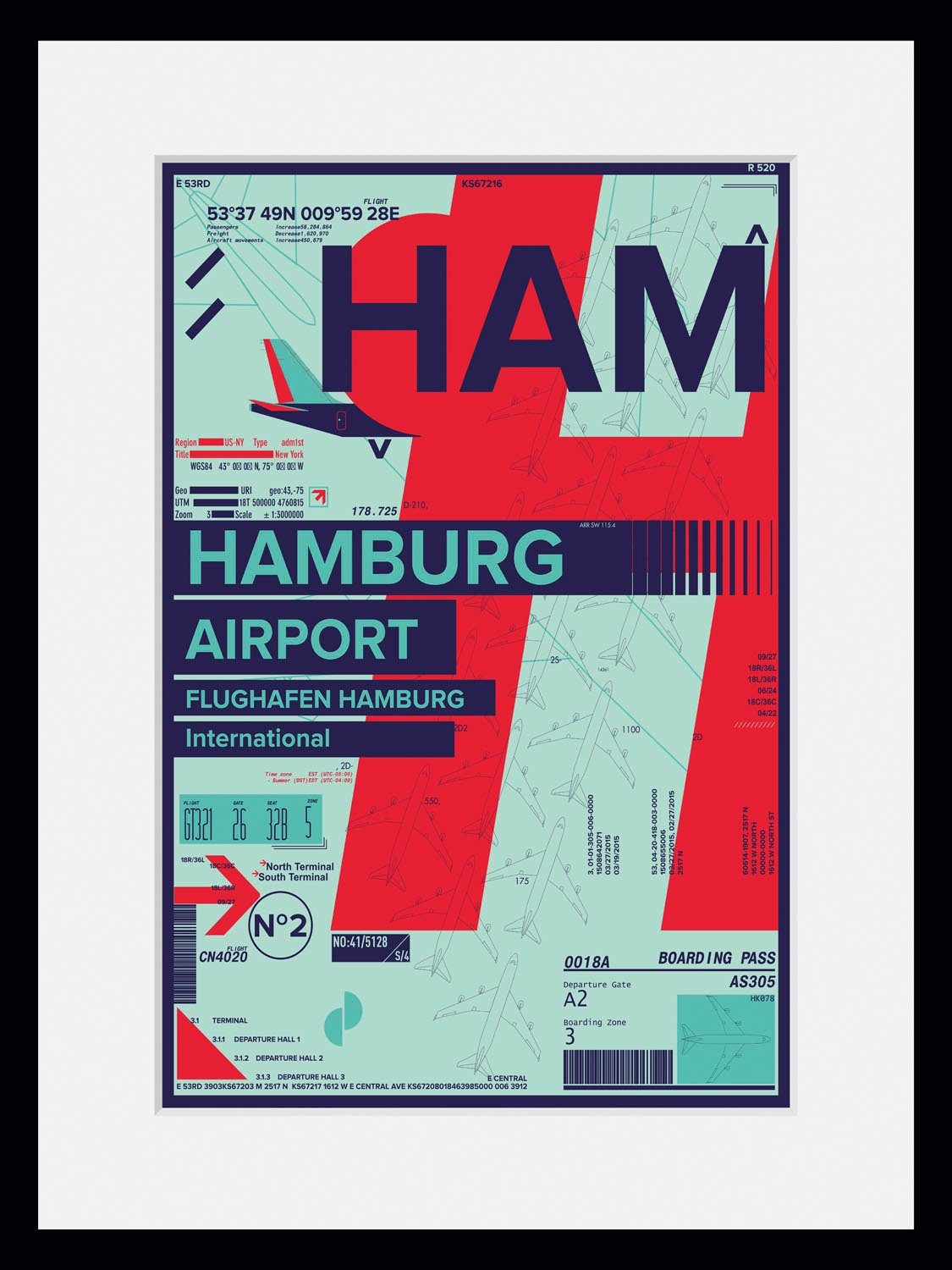 queence Wanddecoratie HAM AIRPORT HD premium posterdruk incl. houten lijst (1 stuk)