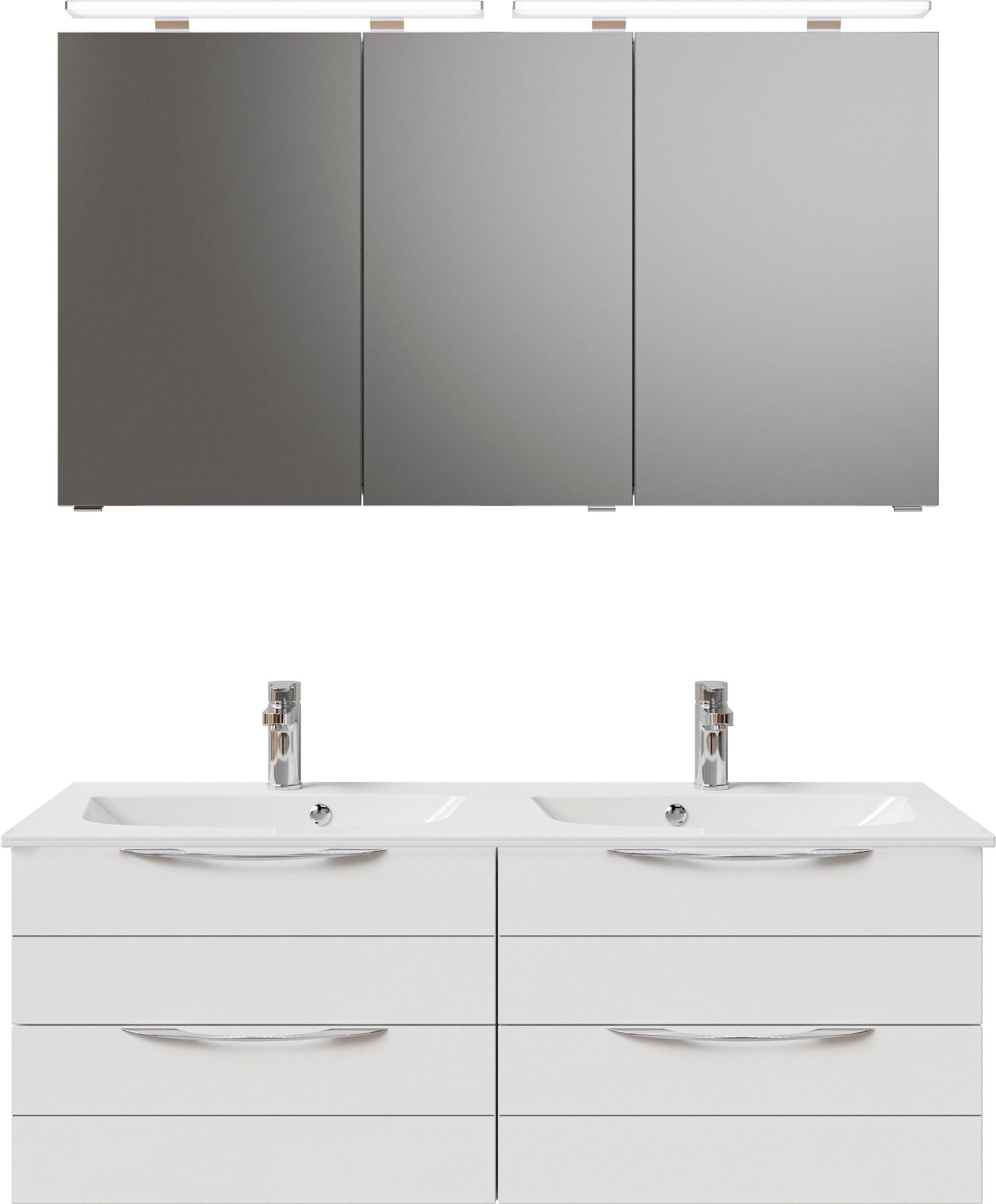 Saphir Badkamerserie Serie 6025 2-delig, mineraalmarmeren wastafel met led-spiegelkast Wastafelmeubel 132 cm breed, 4 laden, 2 spiegeldeuren, incl. deurdemper (2-delig)