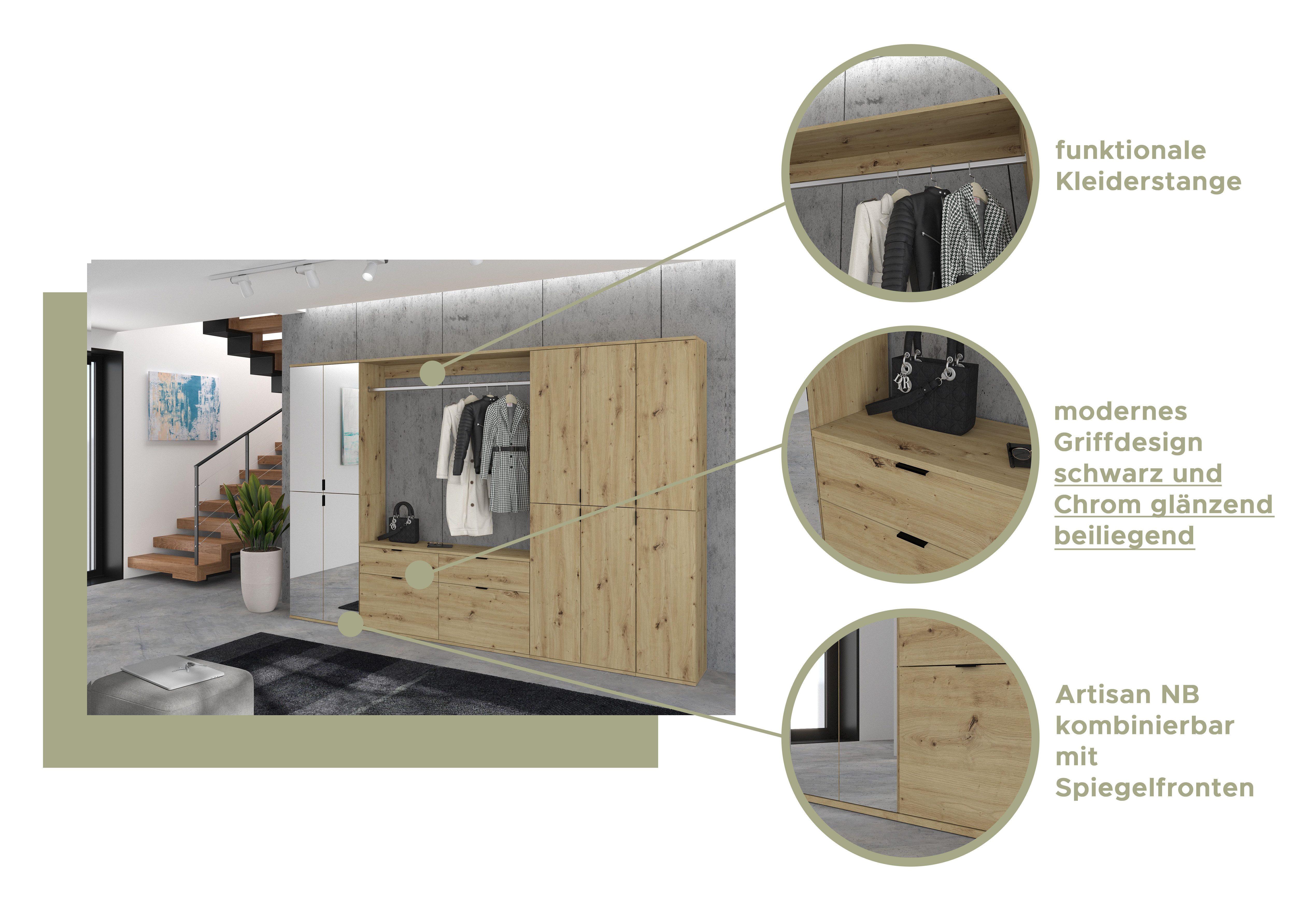 INOSIGN Halmeubelset Trondheim, Breedte 243 cm, 5-delig, bestaande uit: 2x garderobekast, 1 commode, 1 kledingstang, 1 legplank (set, 4-delig)