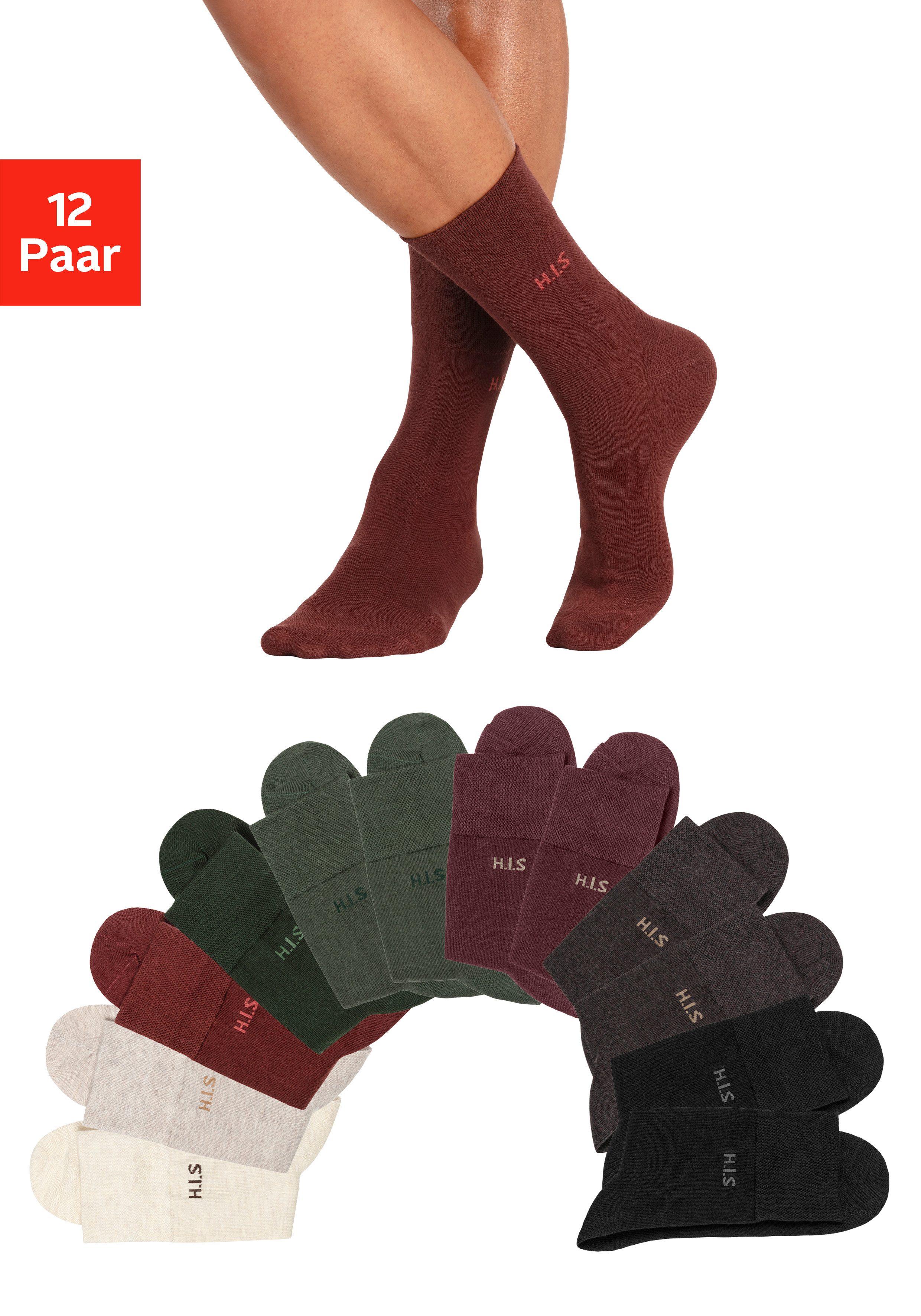 H.I.S Sokken zonder snijdende elastiek (set, 12 paar) heren sokken maat 47-48 multicolor