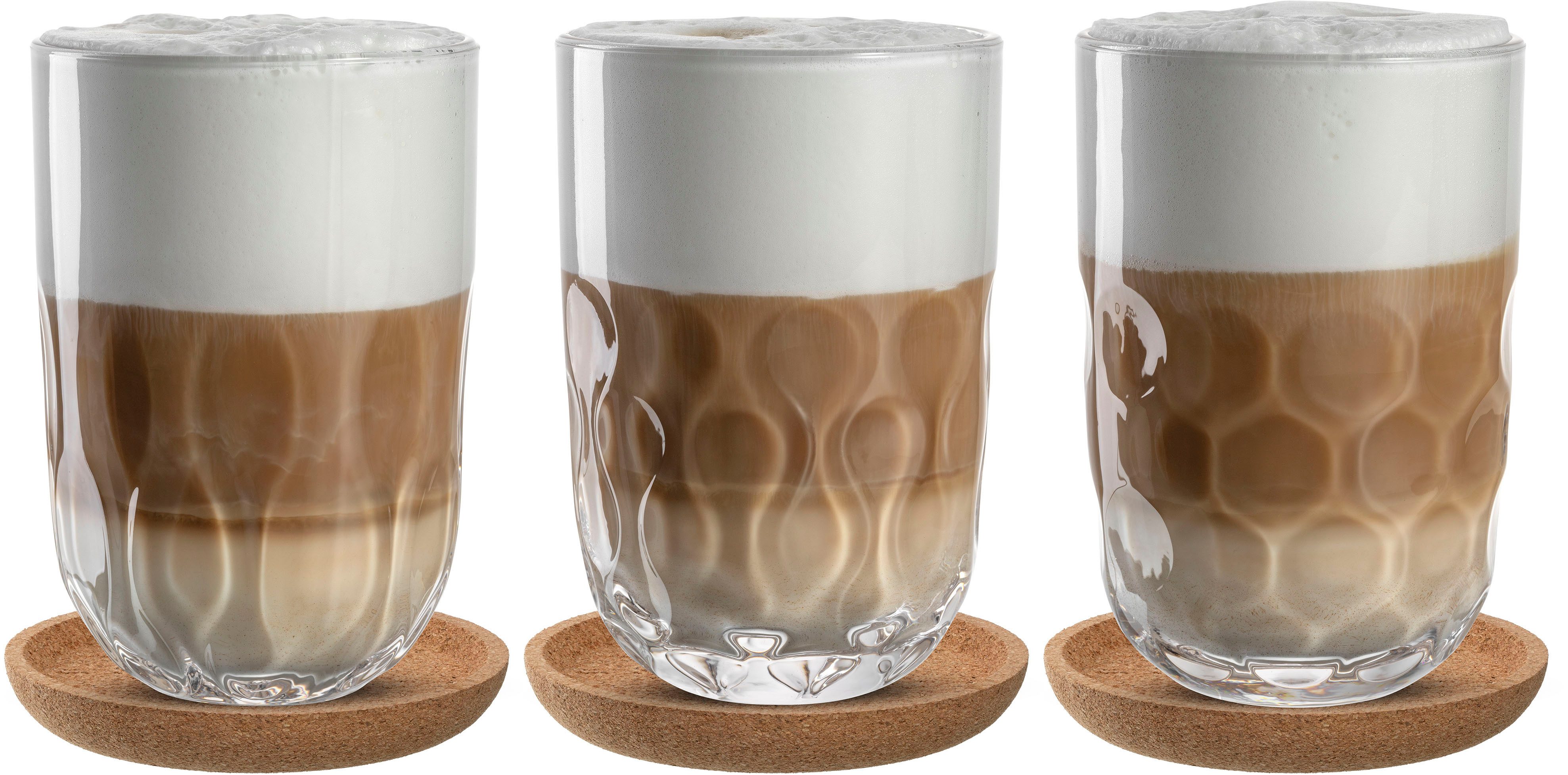 LEONARDO Glazenset Latte macchiato set GOCCE, 380 ml, 6-delig 3 glazen met verschillend druppelreliëf, incl. kurken onderzetters (set)