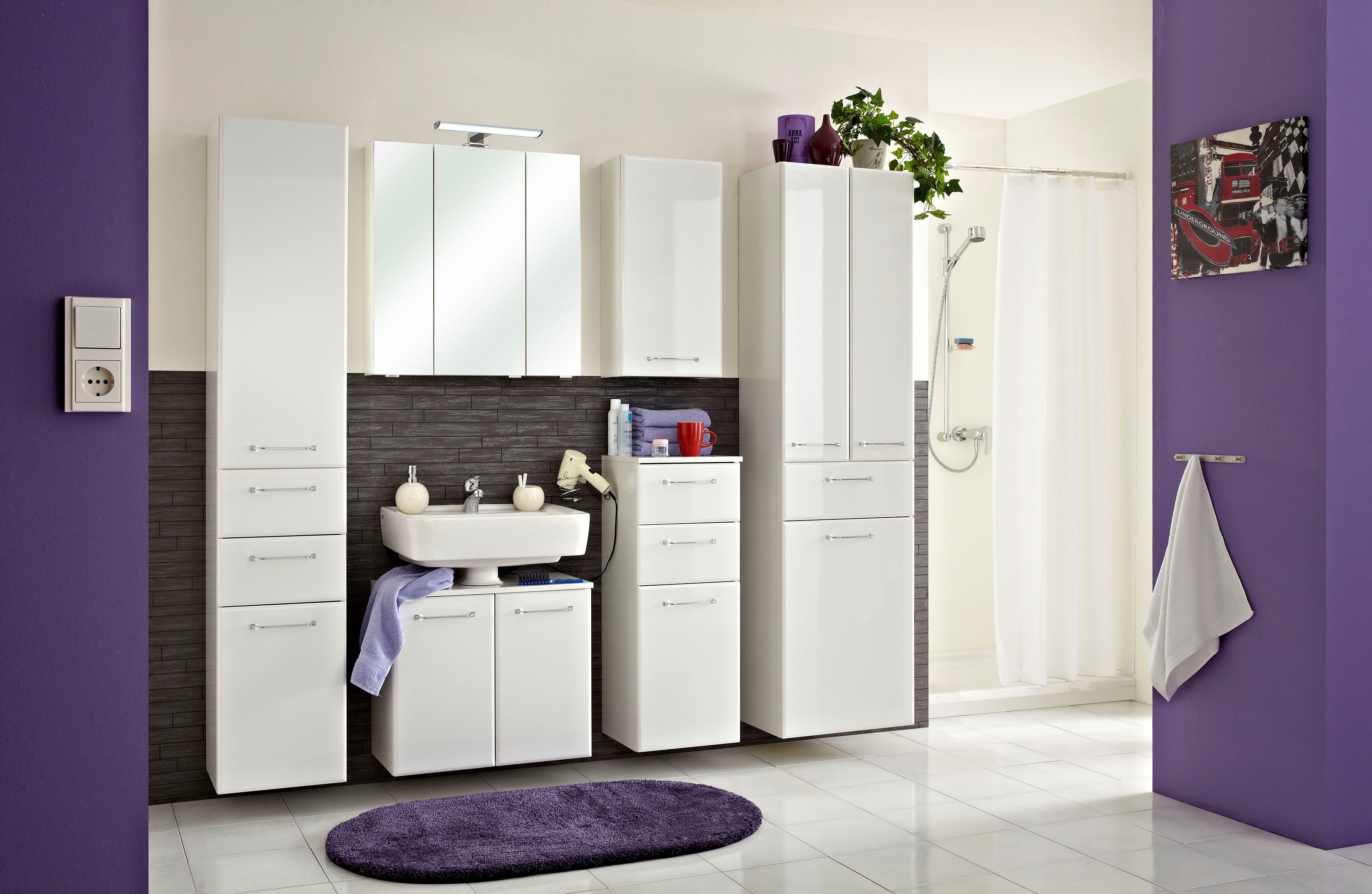 Saphir Hoge kast Quickset badkamermeubel 50 cm breed, 2 deuren, 1 lade, 1 waslade Hoge badkamerkast inclusief deurdemper, grepen in glanzend chroom