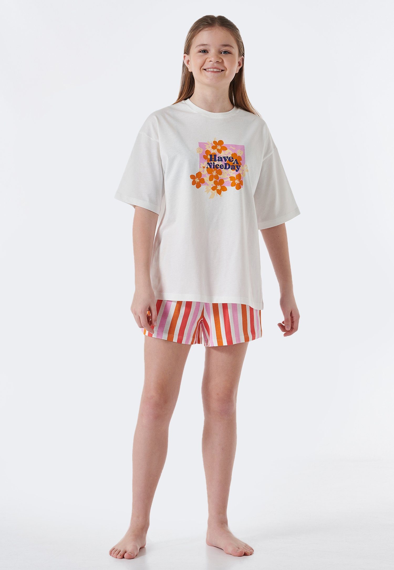 Schiesser Pyjama "Nightwear" met "have a nice day"-tekst en zomerse bloemenprint (2-delig) meisjes pyjama's maat 152 wit