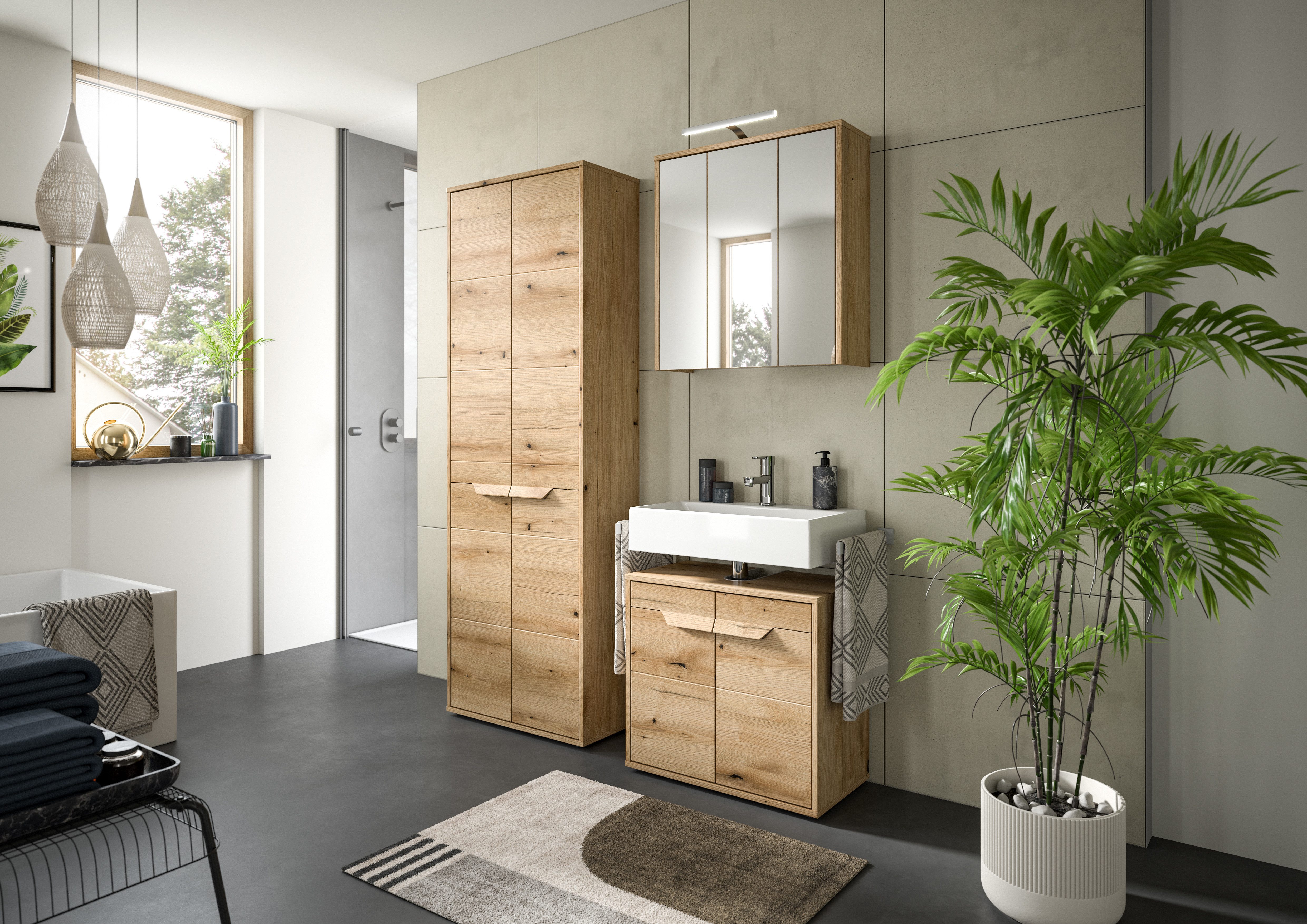 welltime Badmeubelset Kayu, bestaande uit: 2 hoge kasten, wastafelonderkast Spiegelschrank, hoogwaardige MDF front met groeffrasing, badkamer, badkamer set