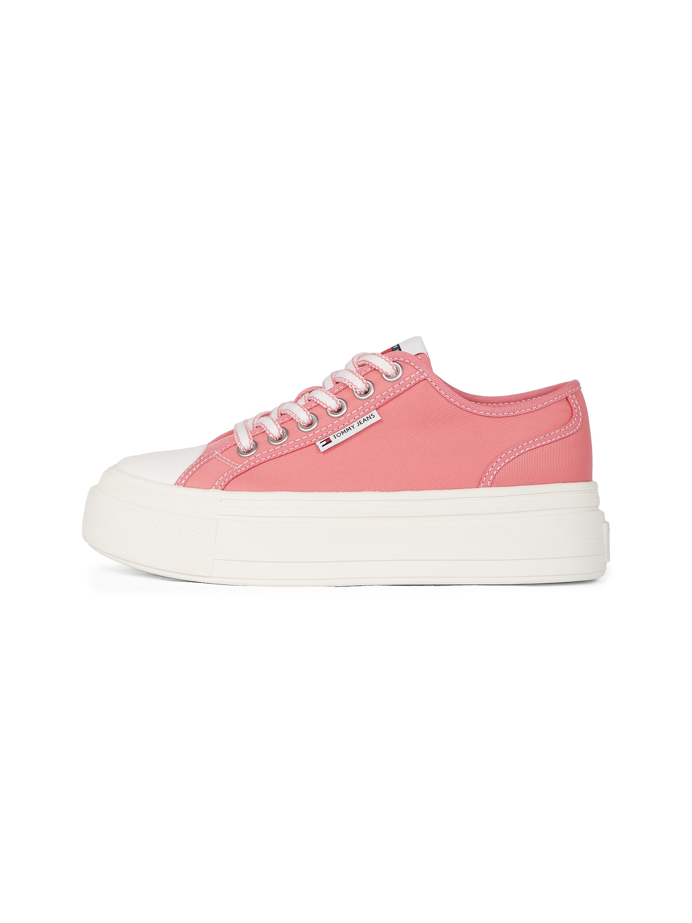 TOMMY JEANS Plateausneakers TJW FOXING FLATFORM SNEAKER LOW vrijetijdsschoen, lage schoen, veterschoen met trendy contraststiksels